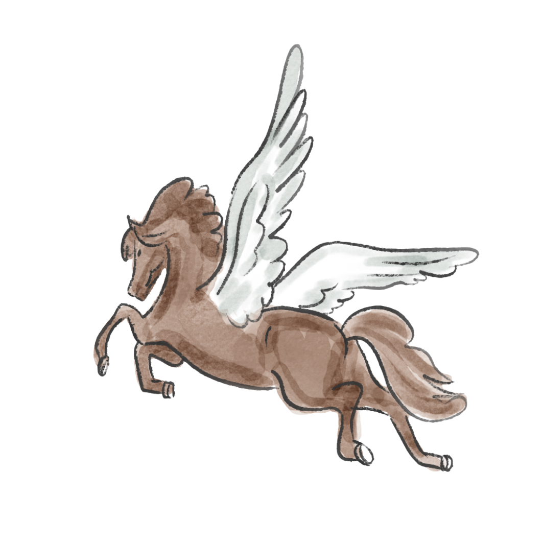 Watercolor illustration of a winged horse, known as Pegasus, with a brown body, white wings, and a flowing mane and tail.