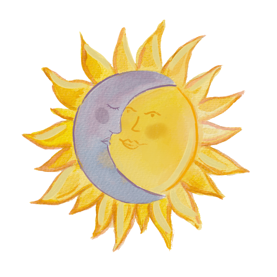 Watercolor illustration of a sun with a moon and a face, blending together in a warm, artistic style.