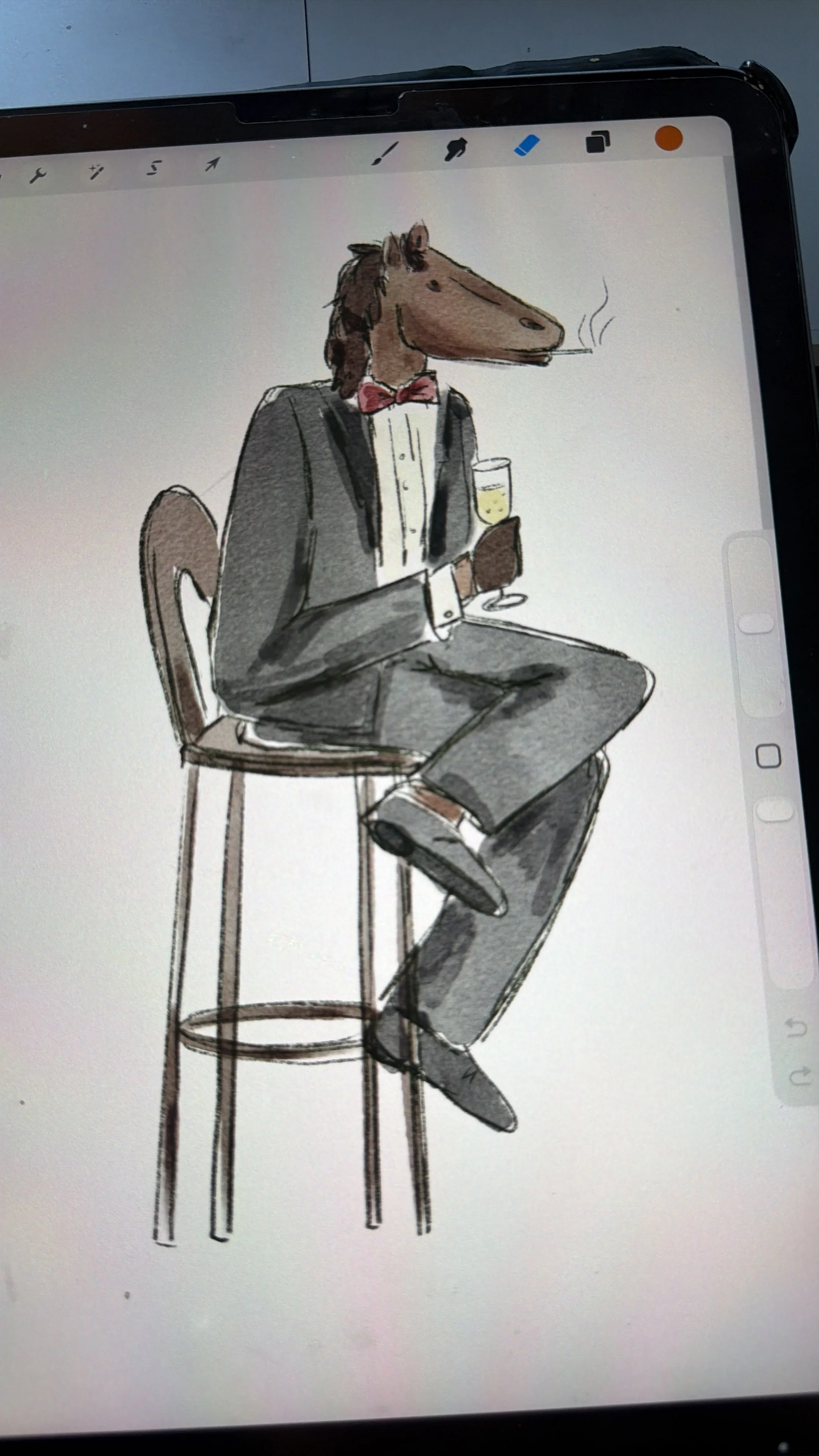 A cartoon-style drawing of a horse with a human body, dressed in a tuxedo and bow tie, sitting on a tall barstool, holding a glass of champagne, with steam rising from it.