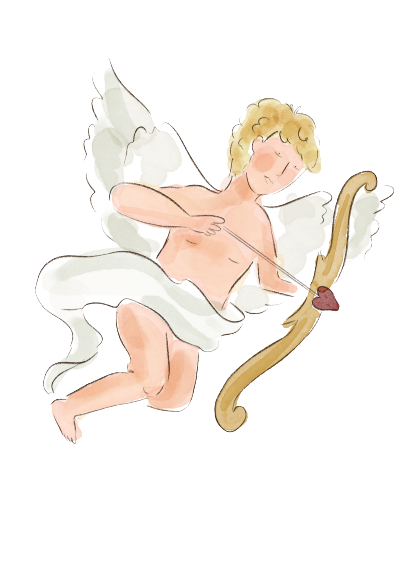 Watercolor illustration of a cherub with curly blond hair, wings, and a white cloth around the waist, holding a bow and arrow, positioned as if ready to aim.