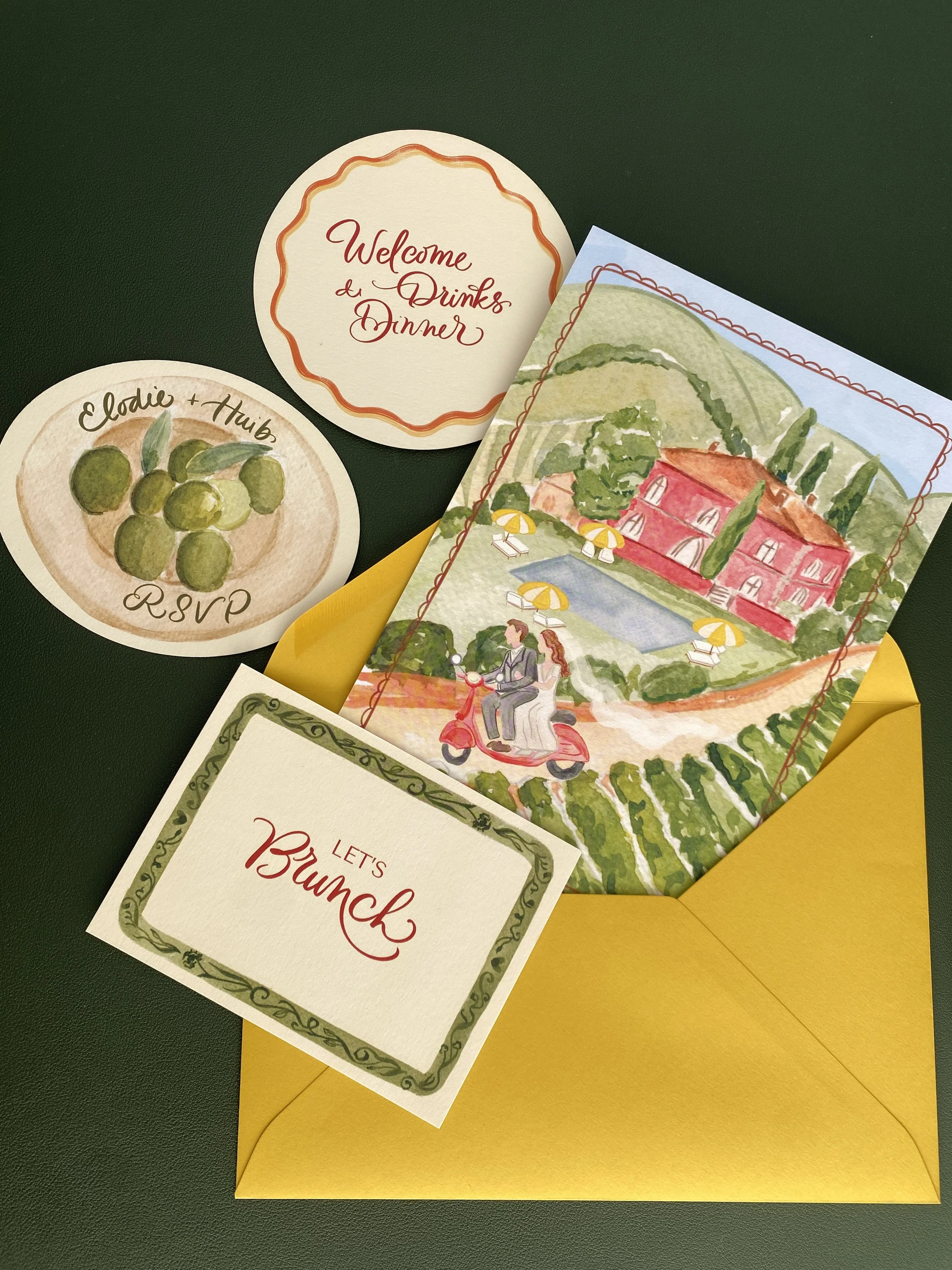 Watercolour botanical illustration for an Italian-inspired wedding invitation