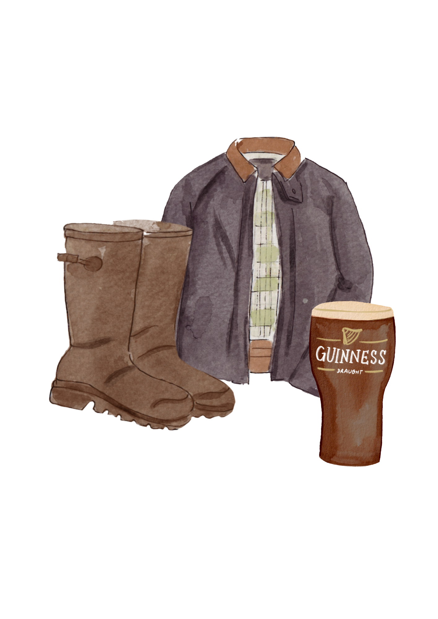 Watercolor illustration of a headless man dressed in a plaid shirt and dark jacket, standing behind objects including a pair of brown leather boots, a barrel with a Guinness logo, and a cardboard cup.