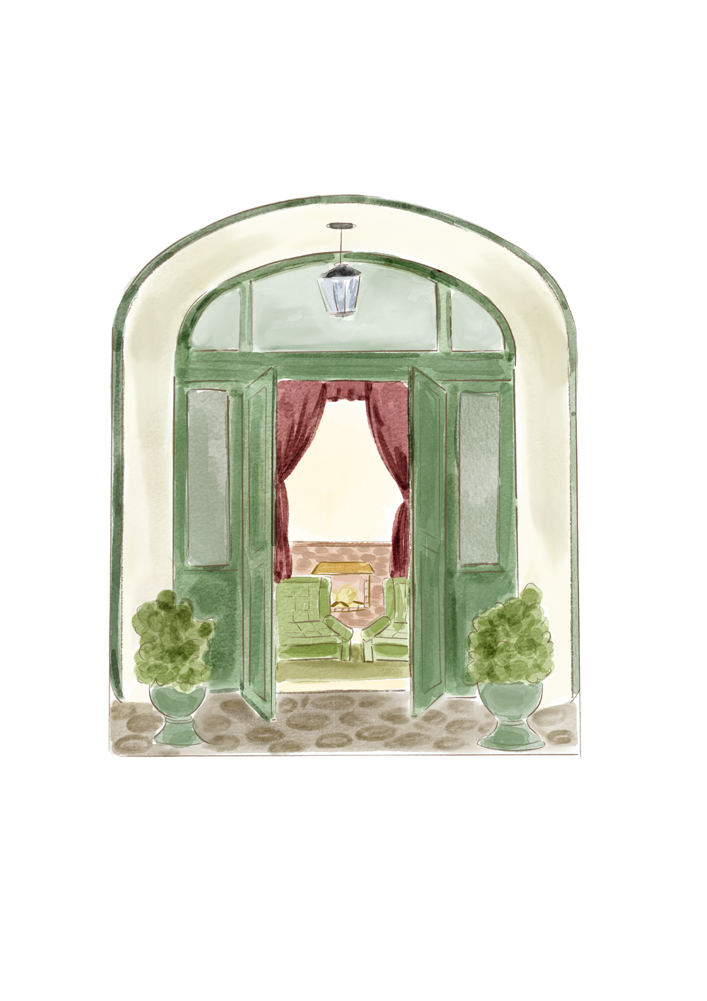 Watercolor illustration of a restaurant or cafe entrance with green double doors, red curtains, potted plants on either side, and a hanging lantern above.