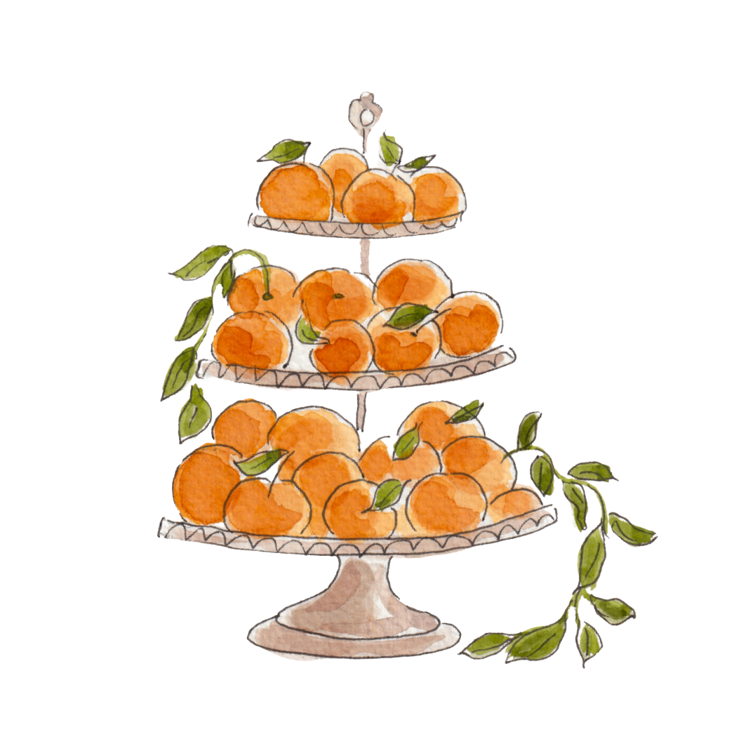 Watercolor illustration of a three-tiered serving tray filled with oranges, decorated with green leaves.