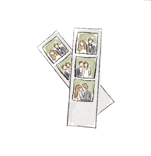 Illustration of photo booth pictures in a white envelope, each photo featuring couples and individuals in different poses.