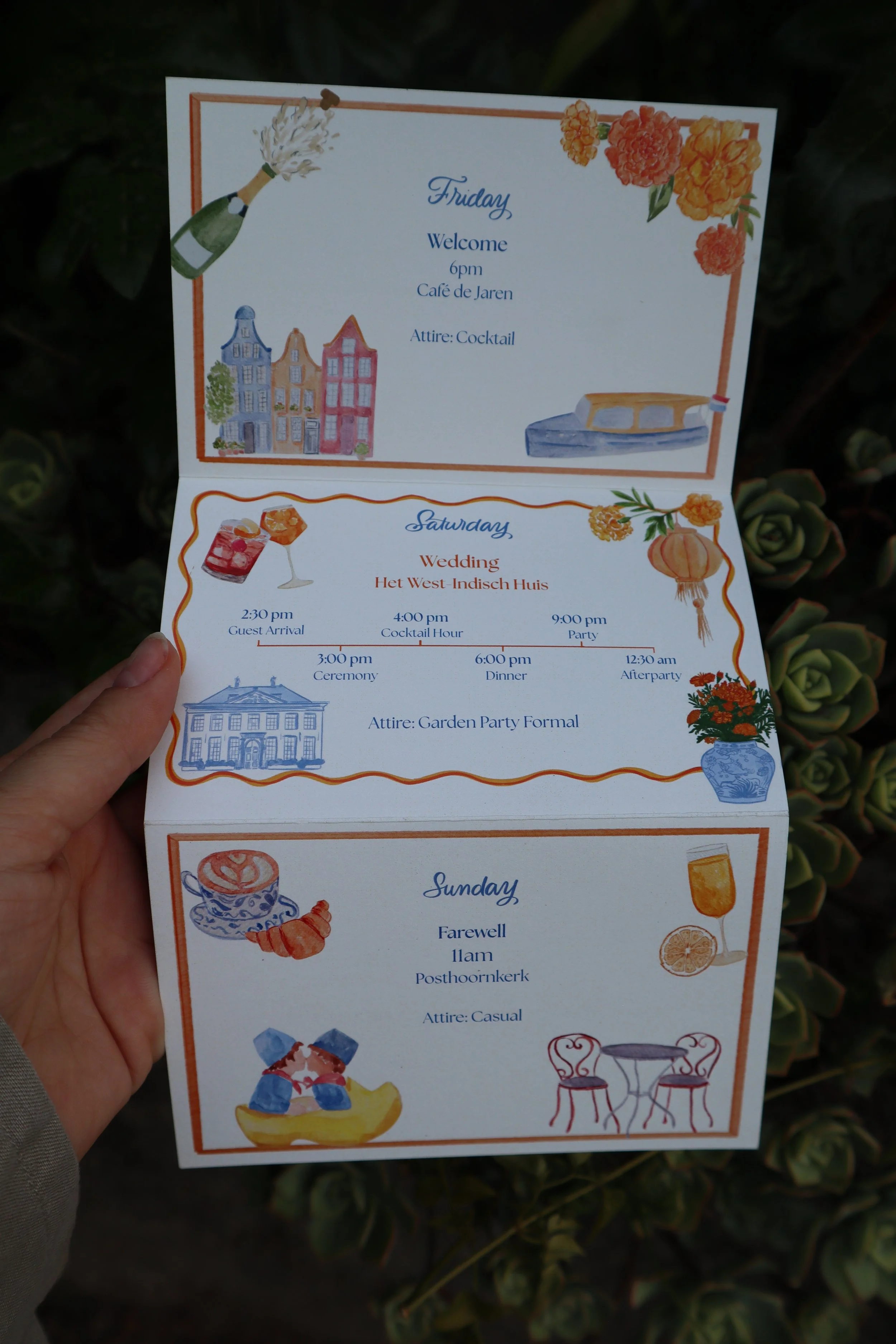 A colorful event itinerary with illustrations of buildings, flowers, a boat, drinks, and chairs, detailing schedule activities. Fully bespoke by Gaia Amsterdam