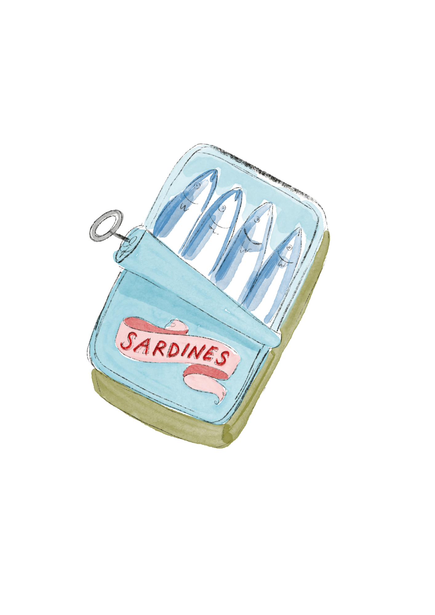 A cartoon-style illustration of a can of sardines with the lid partly open, revealing five fish inside. The can has a pink label with red text that reads 'SARDINES.'