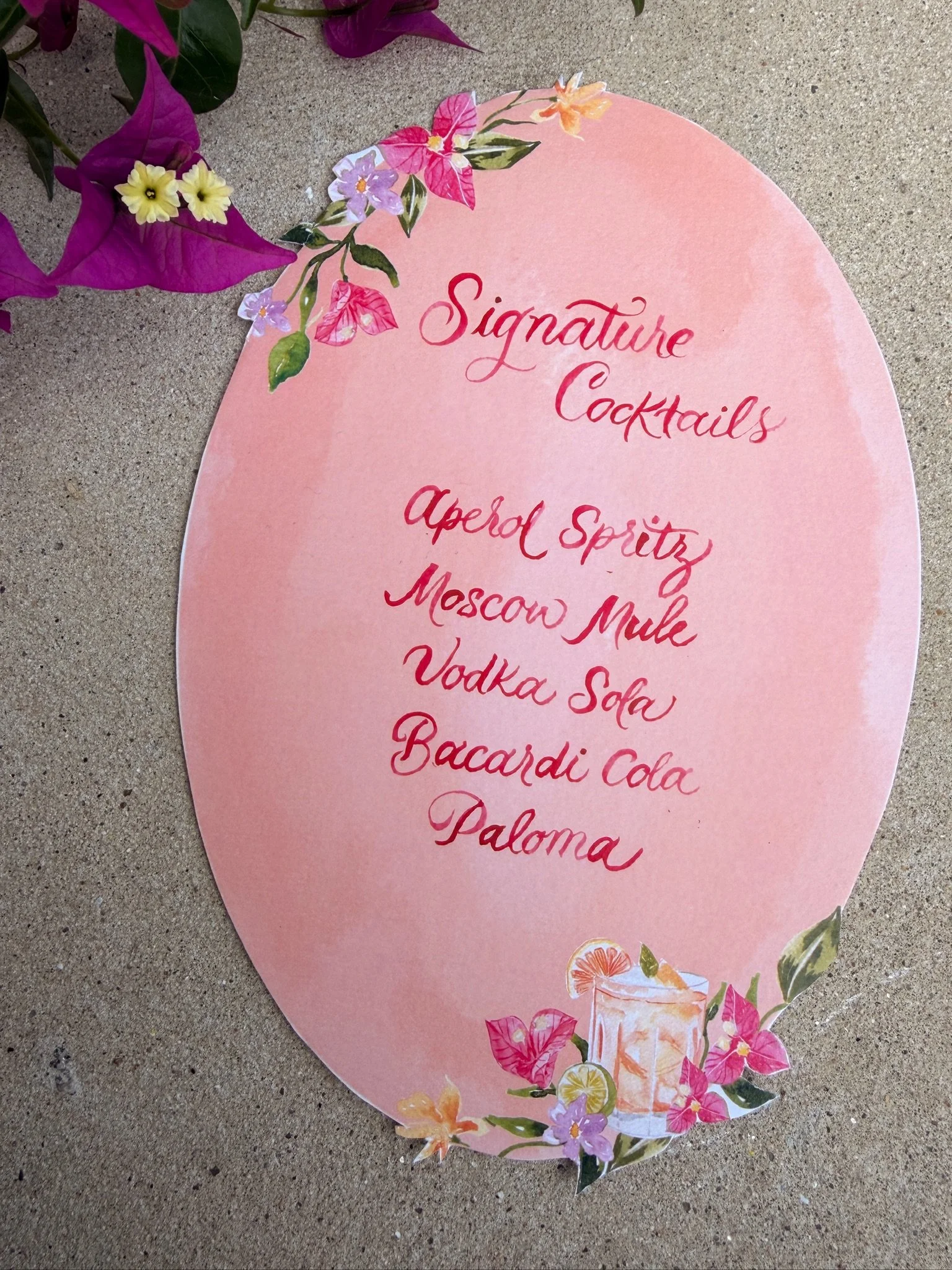 Signature Cocktails Menu Handpainted for a wedding in Sardinia