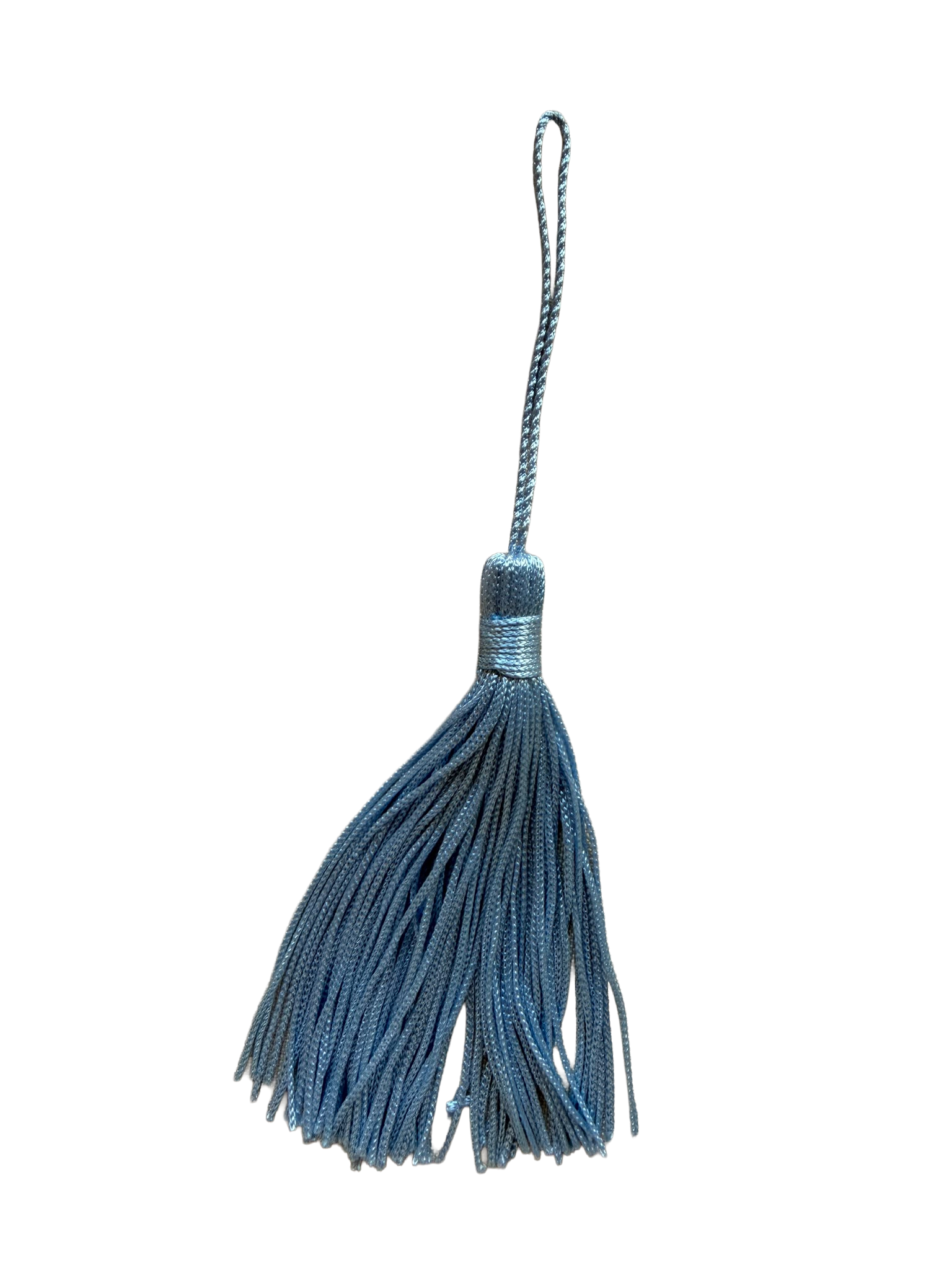 A close-up photo of a blue hooded sweatshirt with drawstrings hanging from the hood.