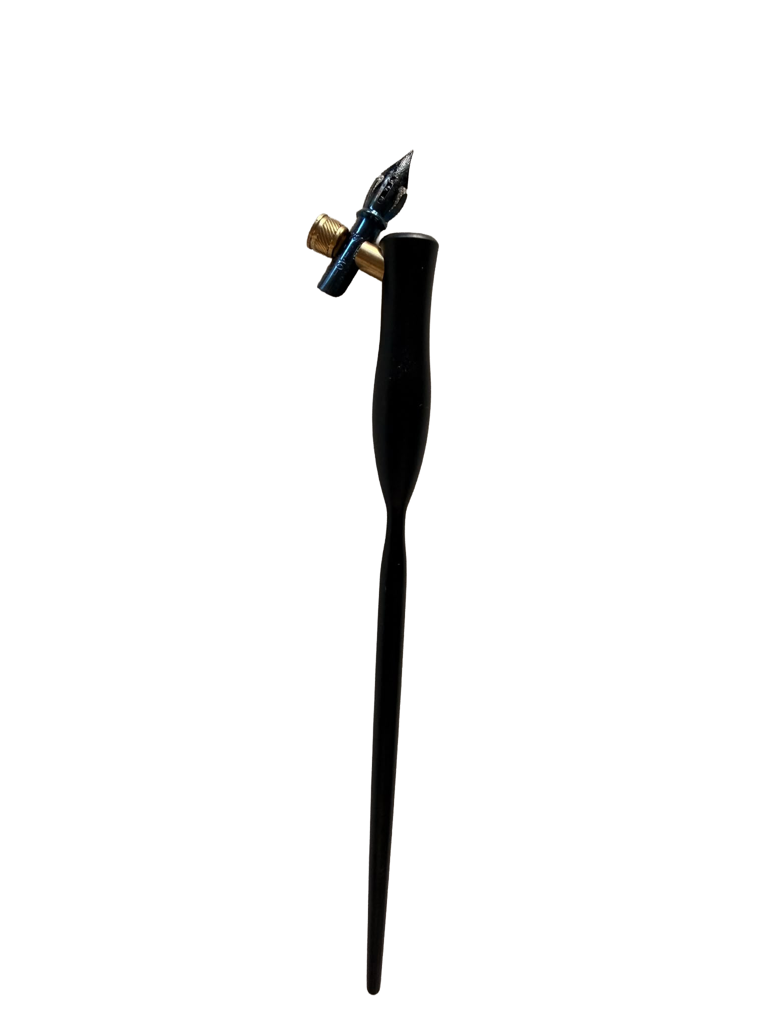 A black faucet with a gold handle and a black spout, mounted on a black vertical pipe, against a black background.