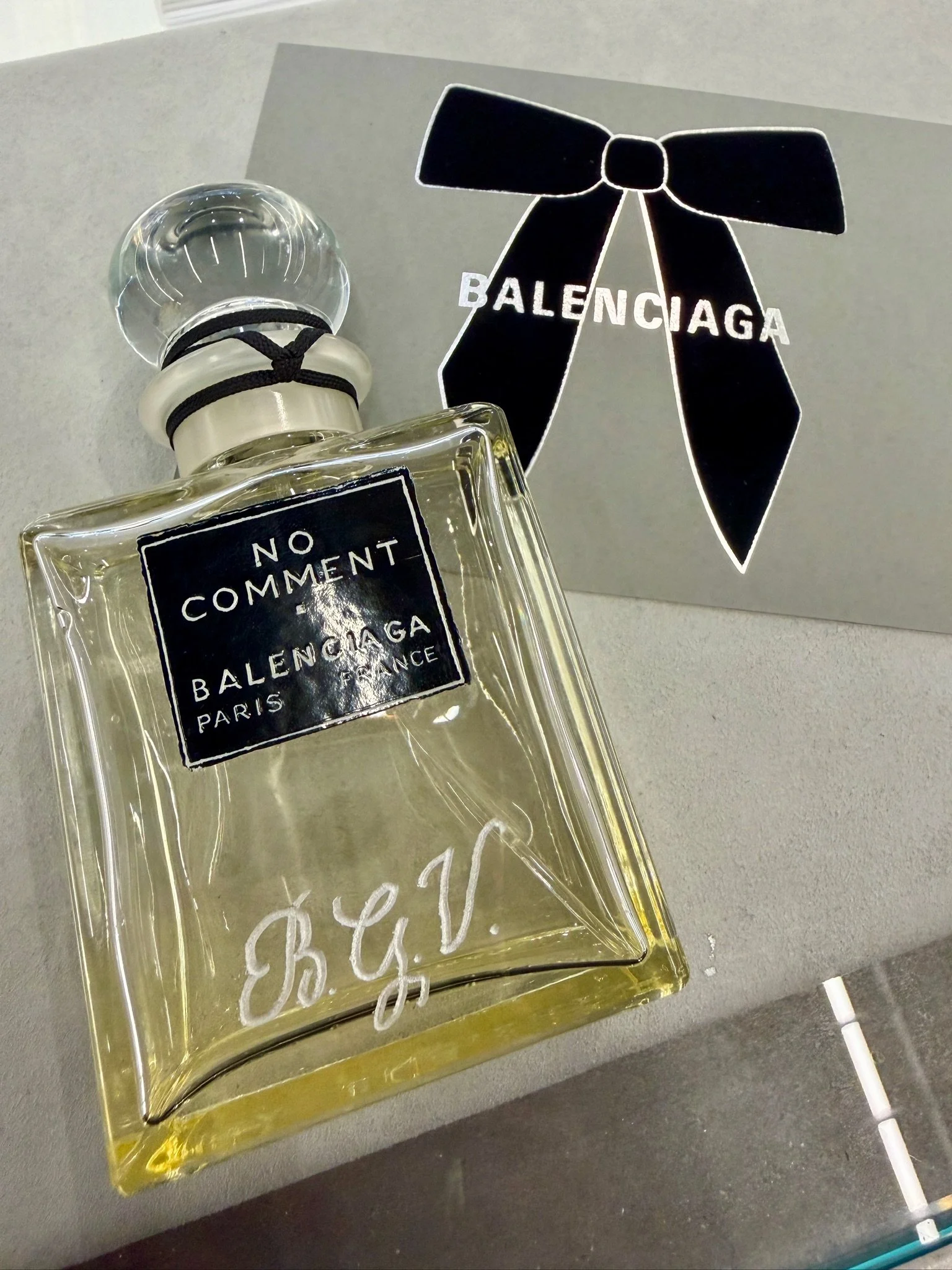 Engraved Balenciaga perfums by Gaia amsterdam