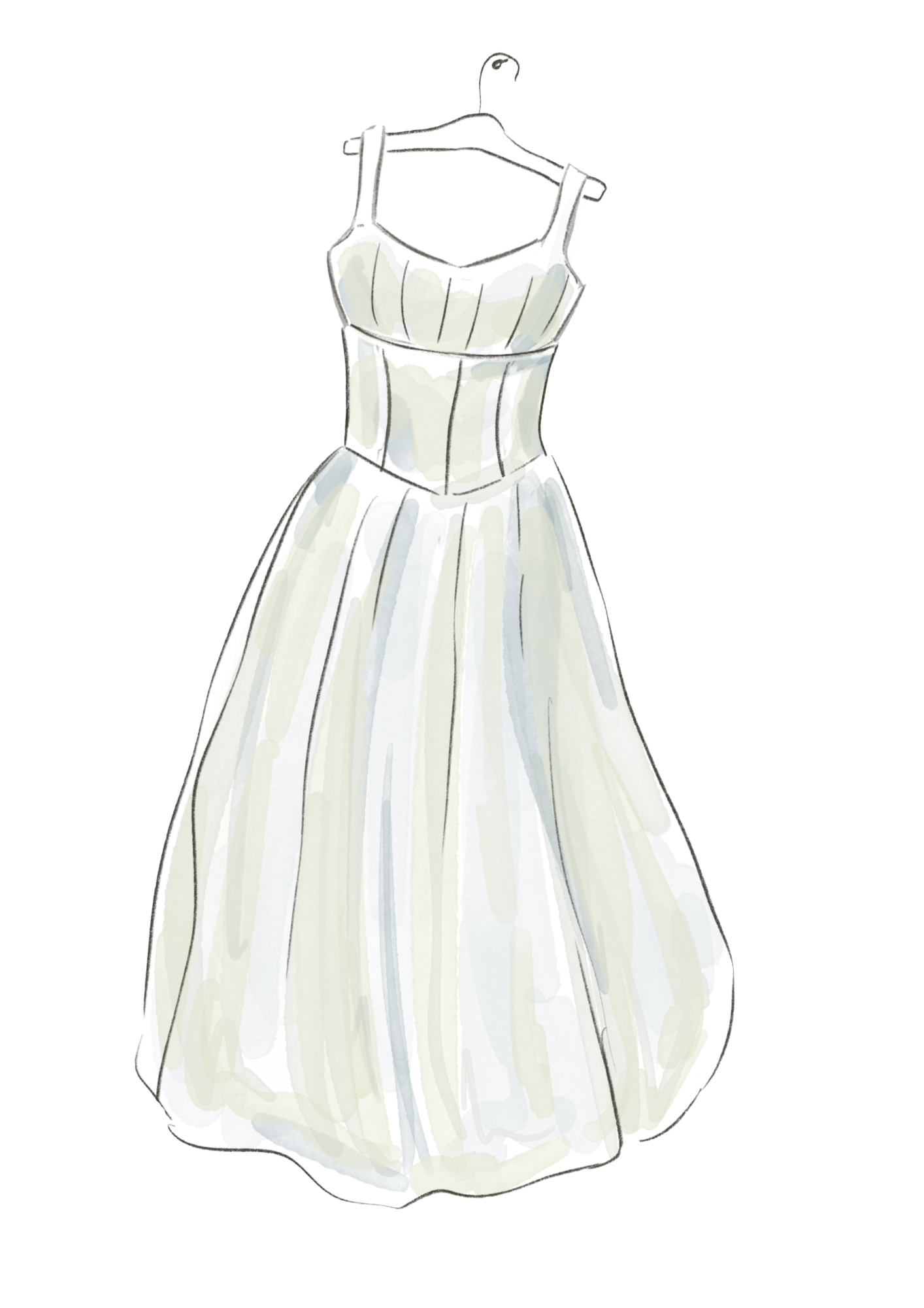 Fashion sketch of a sleeveless, fitted top with a horizontal bust detail and a flowing, full-length skirt.