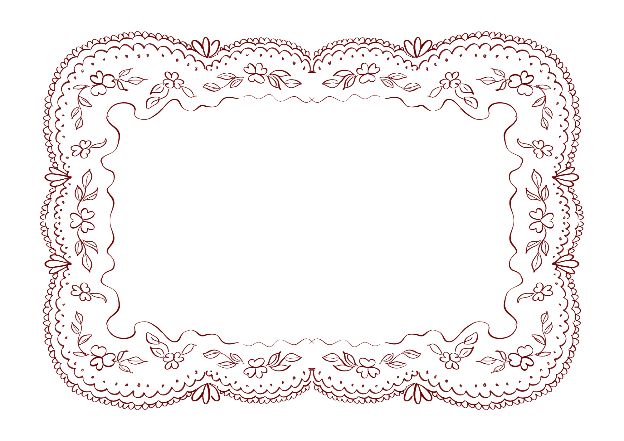 Decorative border with floral and lace patterns in red on a black background.