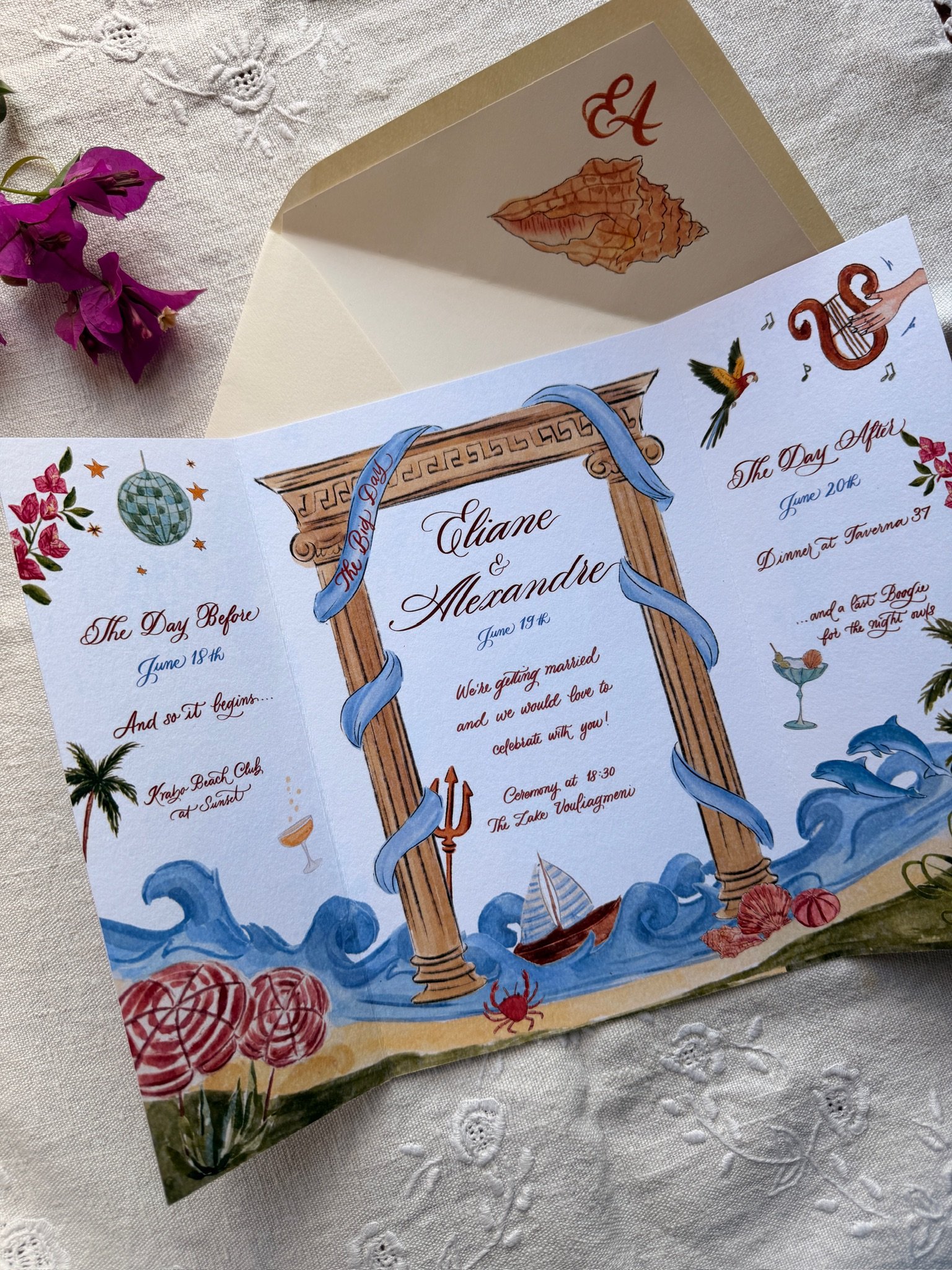 A colorful wedding program featuring nautical and beach-themed illustrations, including a sailboat, seashells, a crab, and dolphins, with the names Eliane and Alexandre and wedding details. Athenian Riviera Wedding.