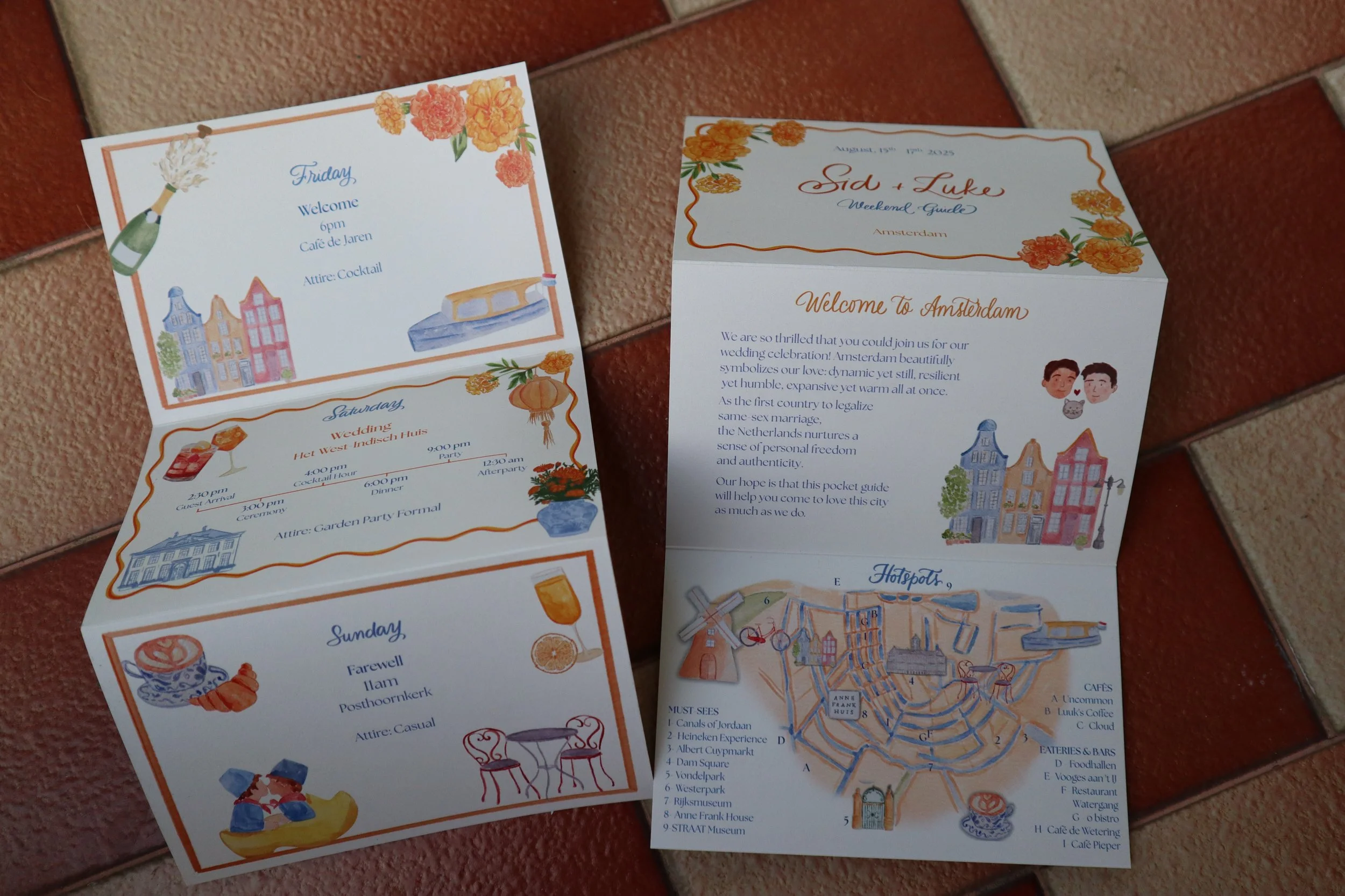 Wedding Program trifold with Calligraphy and Illustration for a destination wedding