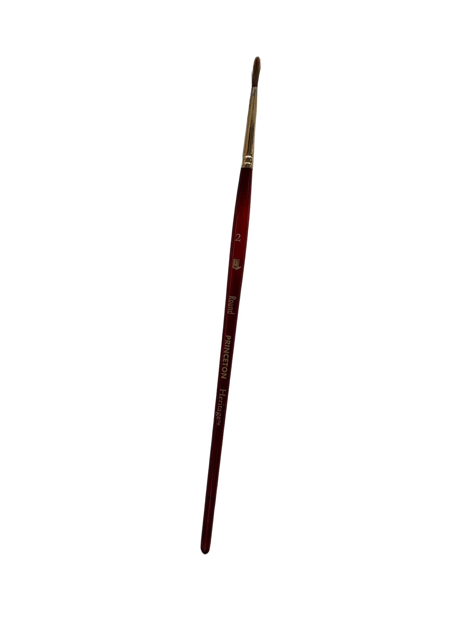 A close-up view of a red round-tip paintbrush with a wooden handle and metallic ferrule, standing upright against a black background.