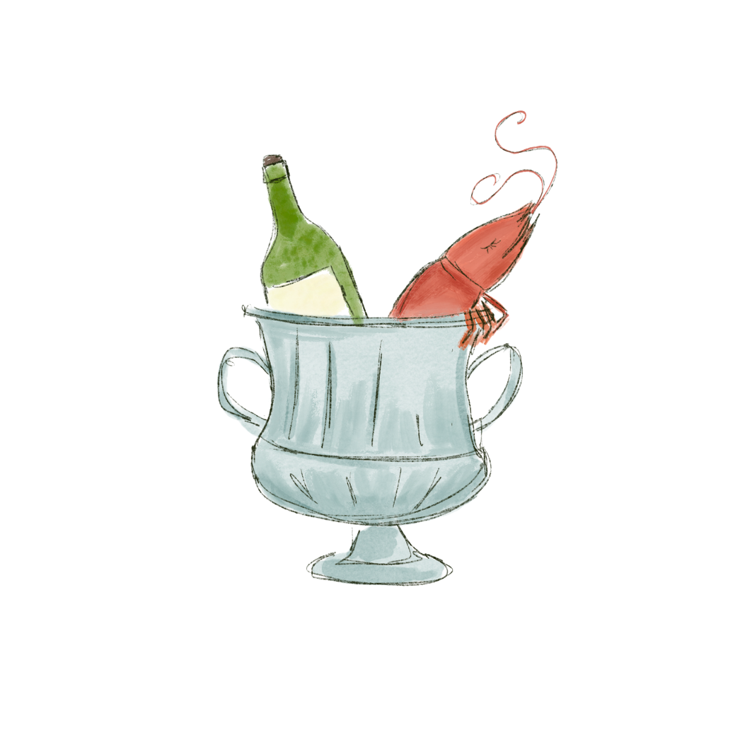 A illustrated cocktail glass filled with a bottle, a lobster, and a cigarette with smoke.