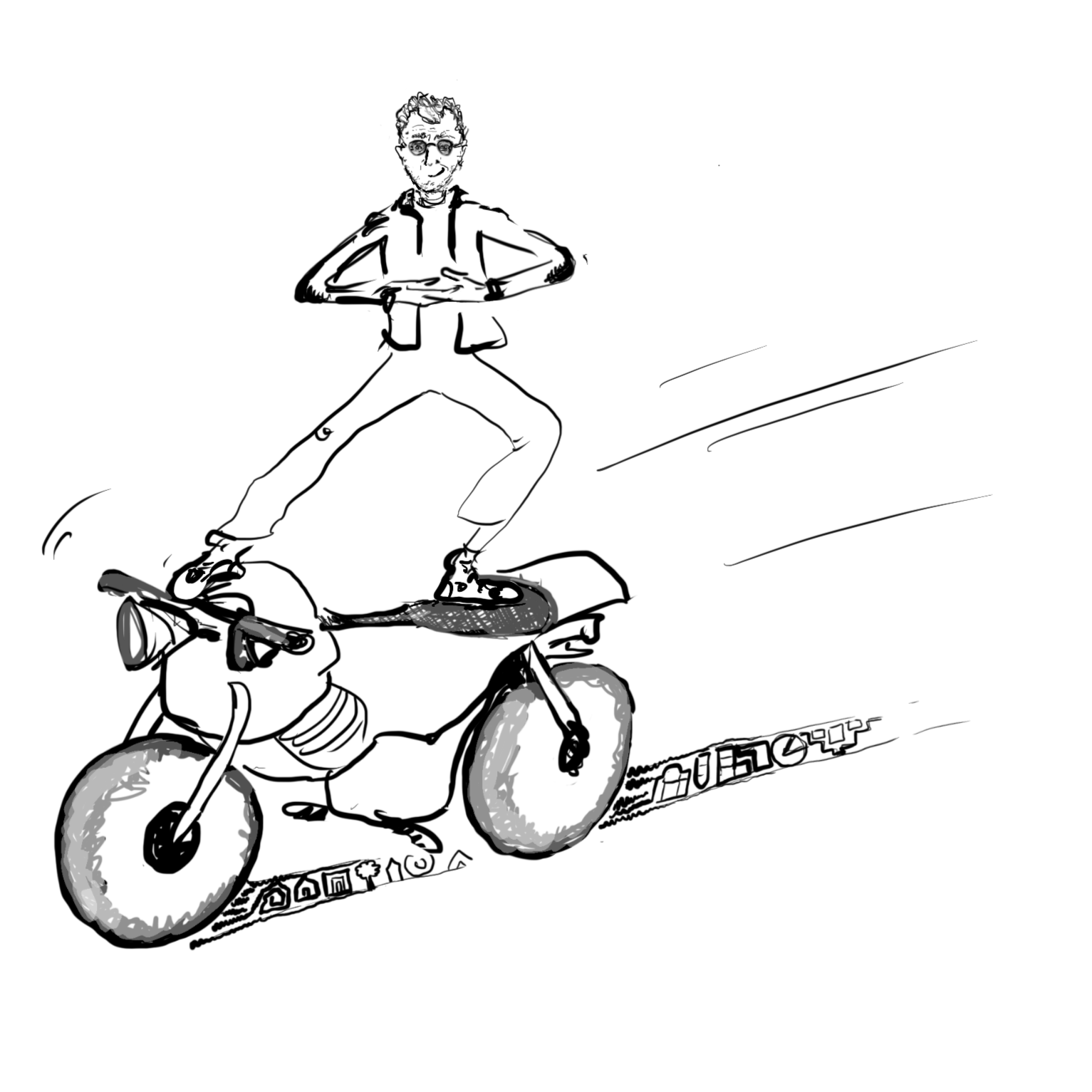 Ein Kind fährt mit einem Fahrrad. Das Fahrrad hat runde Räder und es ist in Schwarz-Weiß gehalten.