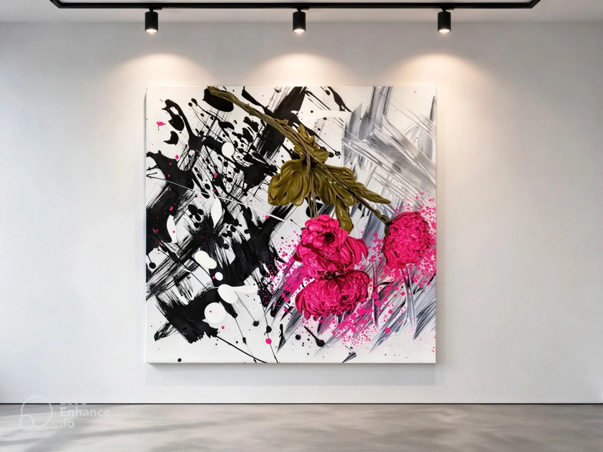 An art gallery with an abstract painting on the wall featuring black, white, pink, and gold paint splatters and strokes, with three spotlights illuminating the artwork.