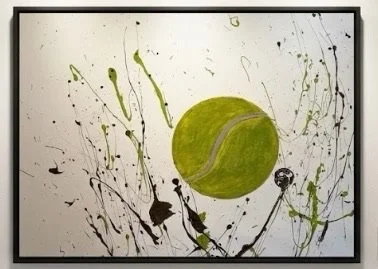 Abstract painting featuring a green tennis ball with splatters of black, yellow, and gray paint on a white background.