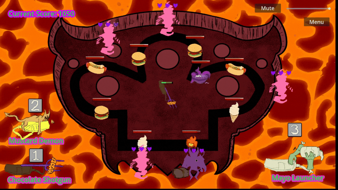 Devil's Kitchen being played - the player controls a variety of sauce guns to shoot at demonically-possessed food items on a conveyor belt.