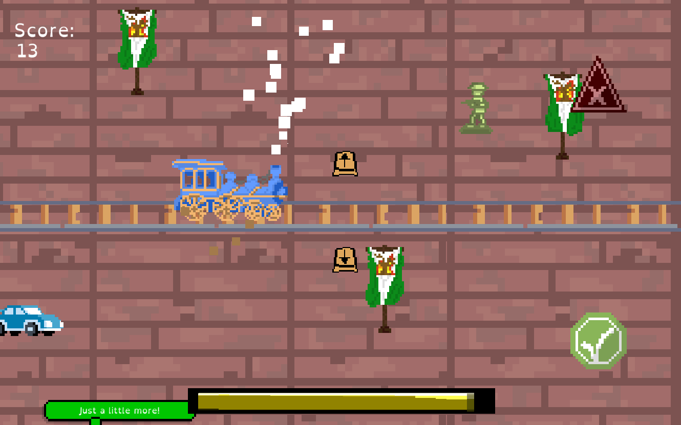 A game of Train of Thought in progress; a blue-yellow toy train chugs along a railorad, passing children's toys. A health bar is visible, and junction blinkers are on-screen.