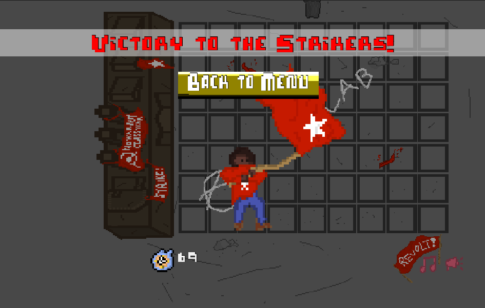 A victory splash screen: Pixel art of a Black man waving a red flag with a white star. A text bar reads 'Victory to the Strikers!' and a button lets the player return to the main menu.