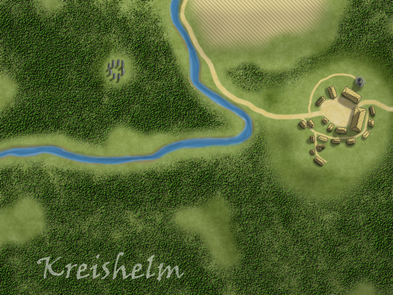 A digital drawing; the map of the village of Kreishelm. The village itself is on the east, fields in the north, a river flowing north-to-south then bending west, and a stone circle stands in the woods to the northwest.