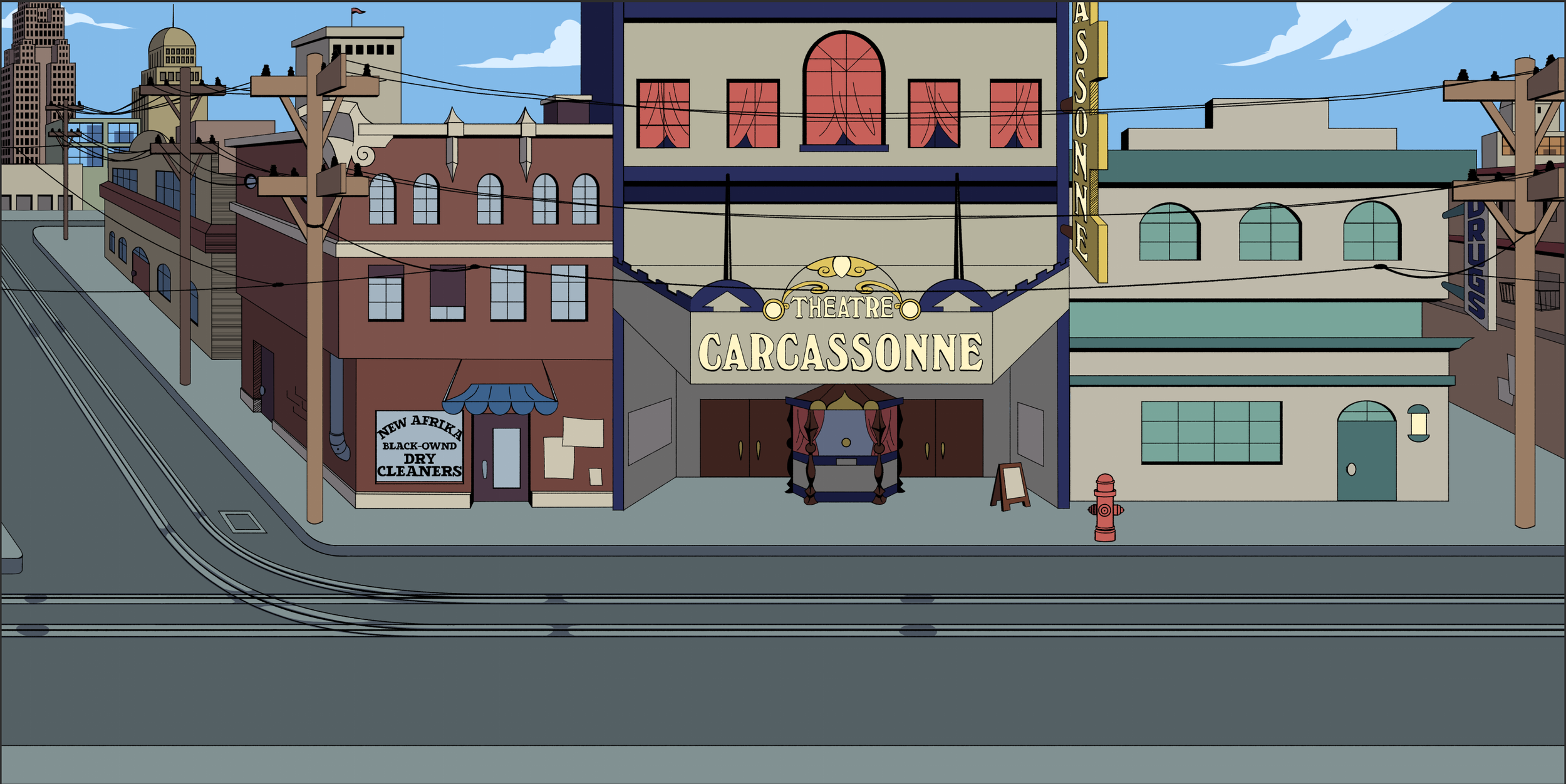 The Theatre Carcassonne - one of the levels in Nimrod Campbell - as seen from the outside,  rendered in a ligne-claire artstyle.