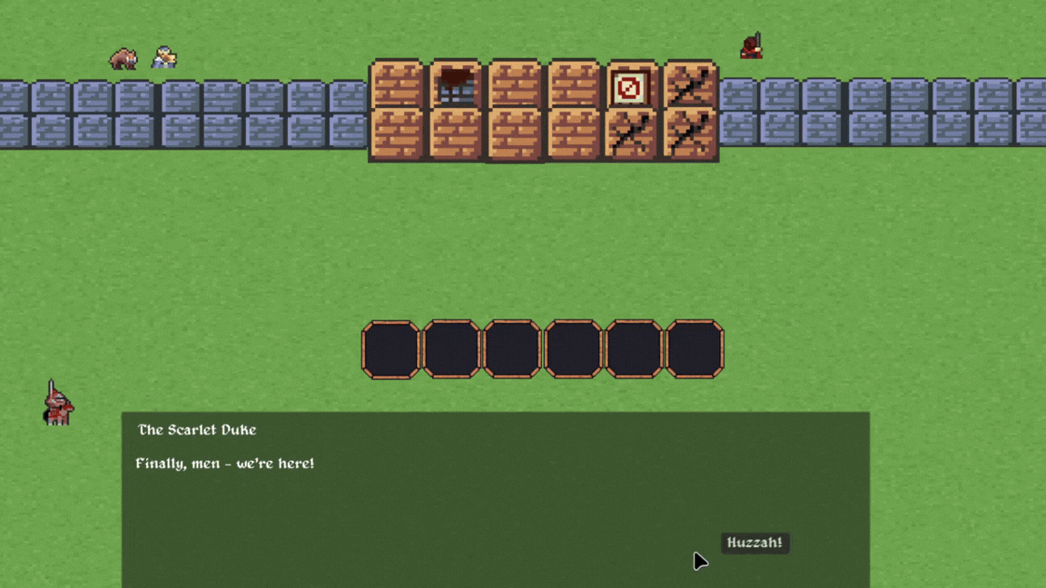 The player is storming the wall they have built with the Scarlet Duke's invading army, selecting which tiles to send their units against and watching them go.