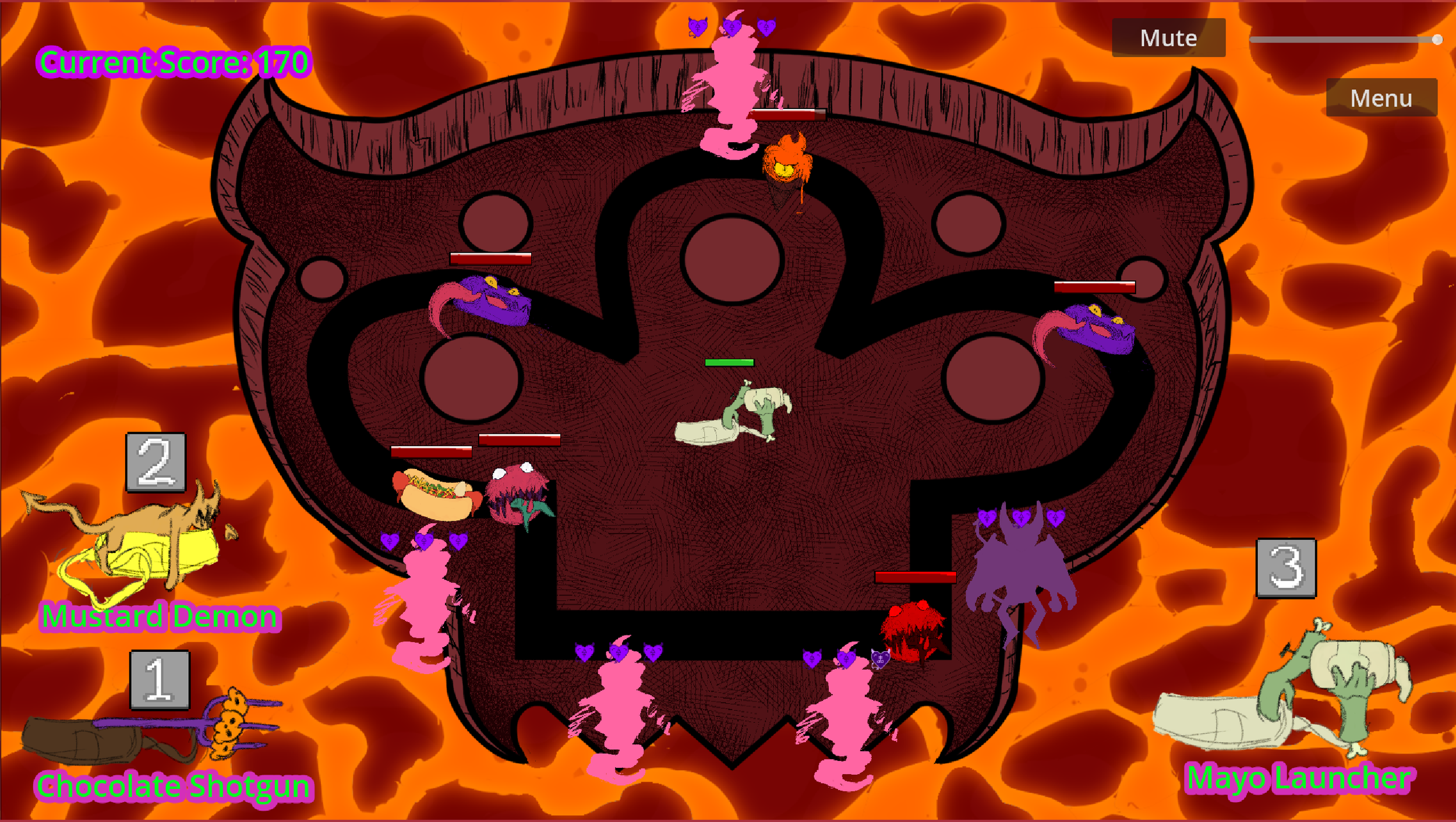 A game of Devil's Kitchen in progress - demonic foodstuffs are circling a restaurant, surrounded by patrons, with the player aiming the mayonnaise cannon at them.