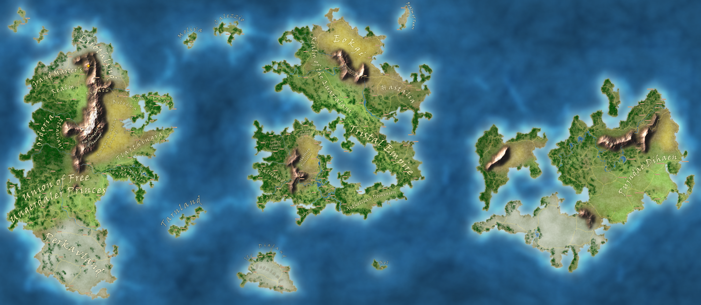A fantasy world map, showing three major continents.