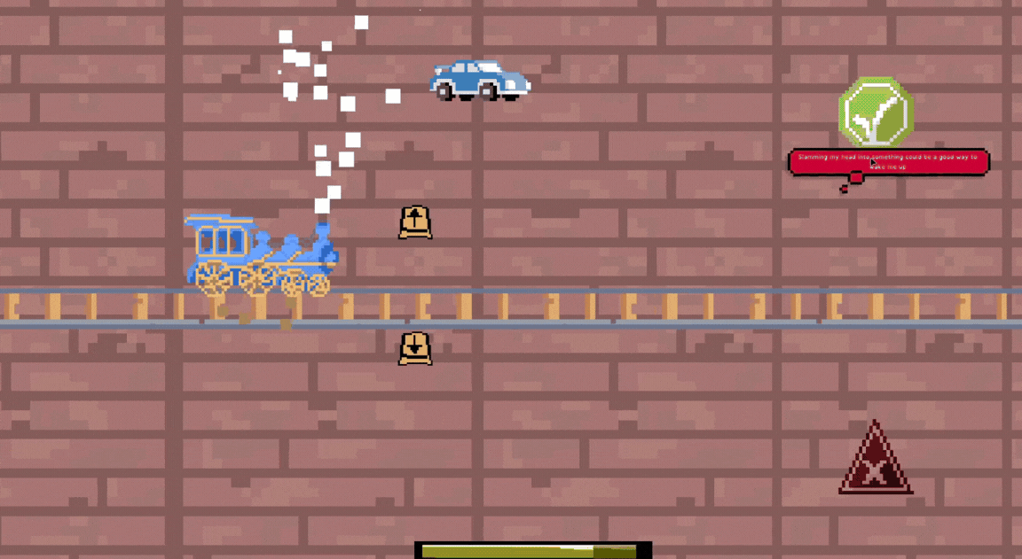 The player losing Train of Thought by taking a wrong junction, the train sent flying across the screen and crashing into the display edge.