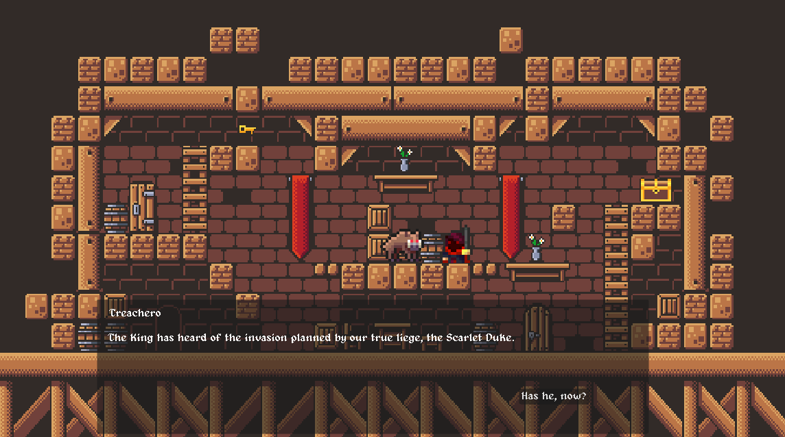 A red-eyed boar named Treachero is saying "The King has heard of the invasion planned by our true liege, the Scarlet Duke" to to evil-looking man in a hood holding a sword. The man responds "Has he, now"? through a button prompt.