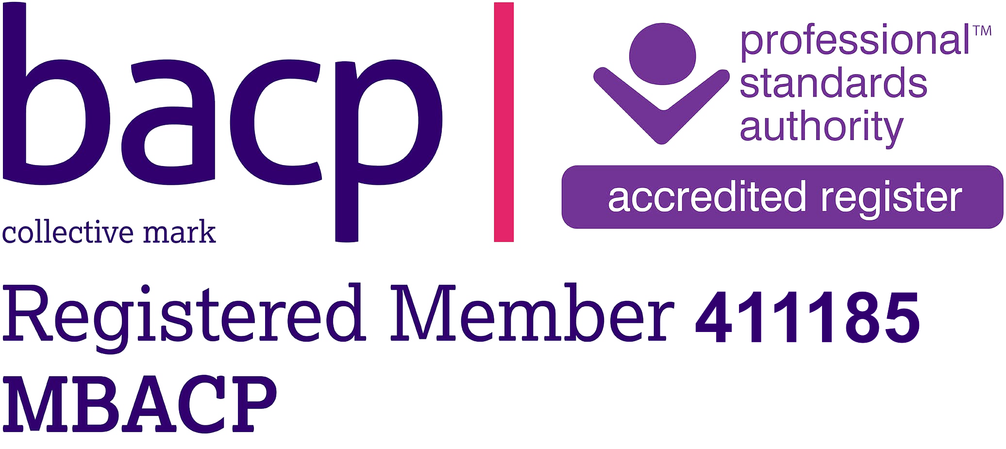 BACP collective mark logo with a purple lowercase 'b' and 'a' connected, purple text indicating 'professional standards authority,' and a purple checkmark inside a circle, with words 'accredited register,' followed by text stating 'Registered Member 411185 MBACP.'