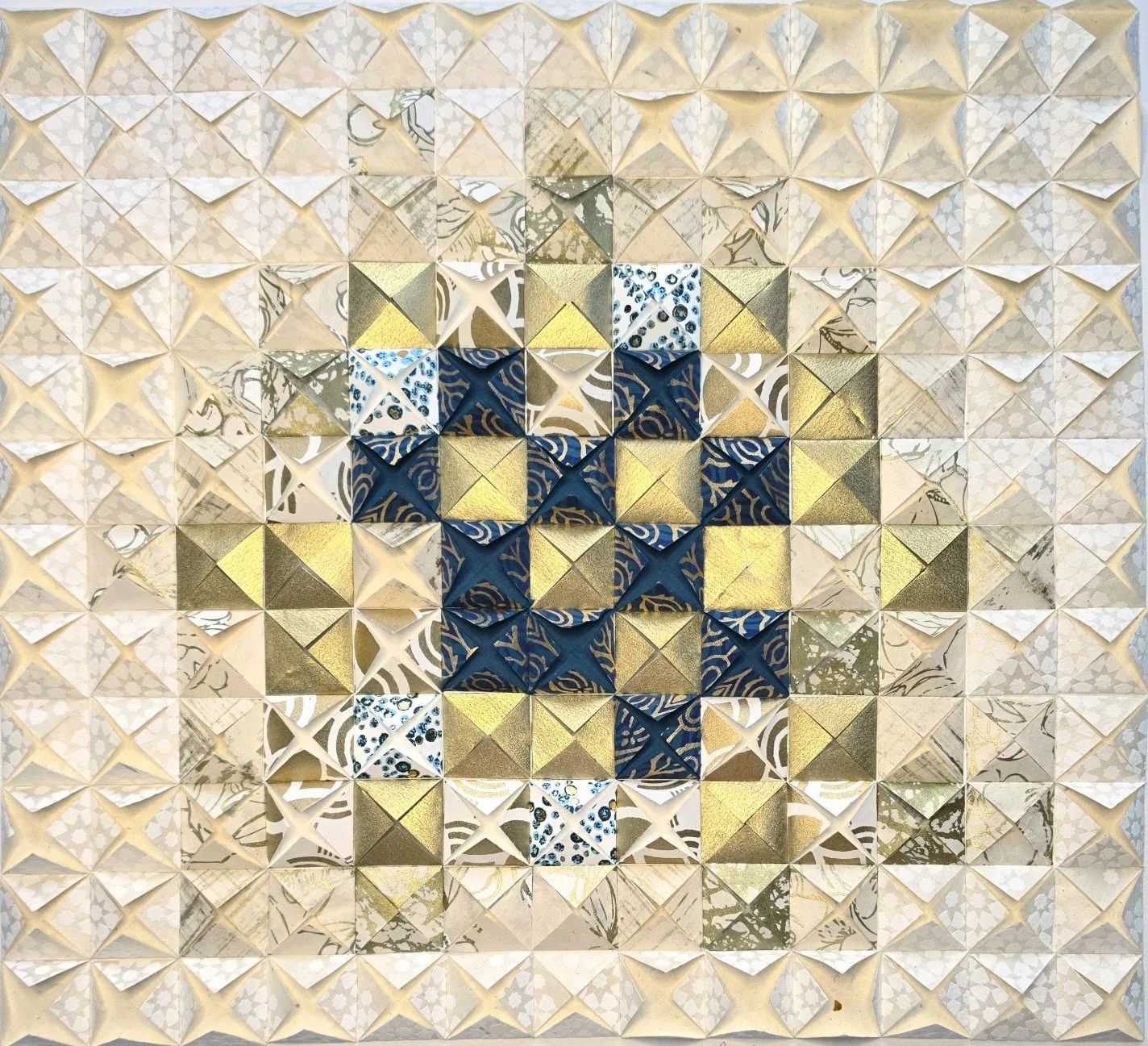 Ode to Coalescing · 
Hand-folded artisan paper assemblage · 20 × 20 in · 2025 · Available