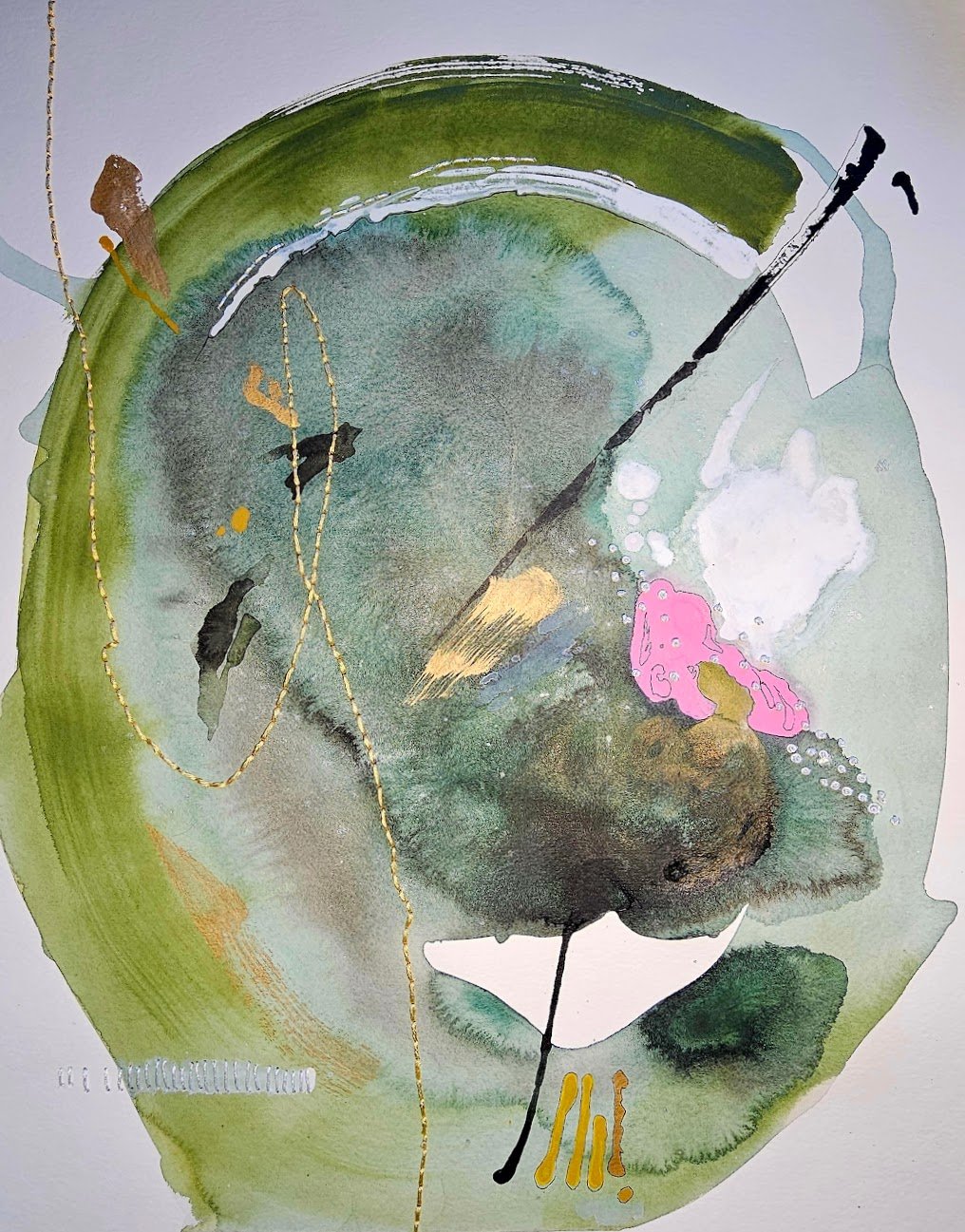 Shoulder Seasons · 2025 · Watercolor, ink, embroidery and mixed media on paper · 18 × 24 in. · Private Collection