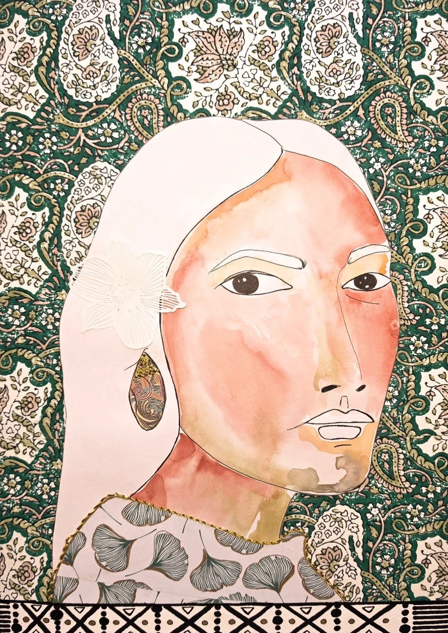 Lucia · 2023 · Watercolor, ink, embroidery and mixed media on paper · 11 × 14 in. · Private Collection