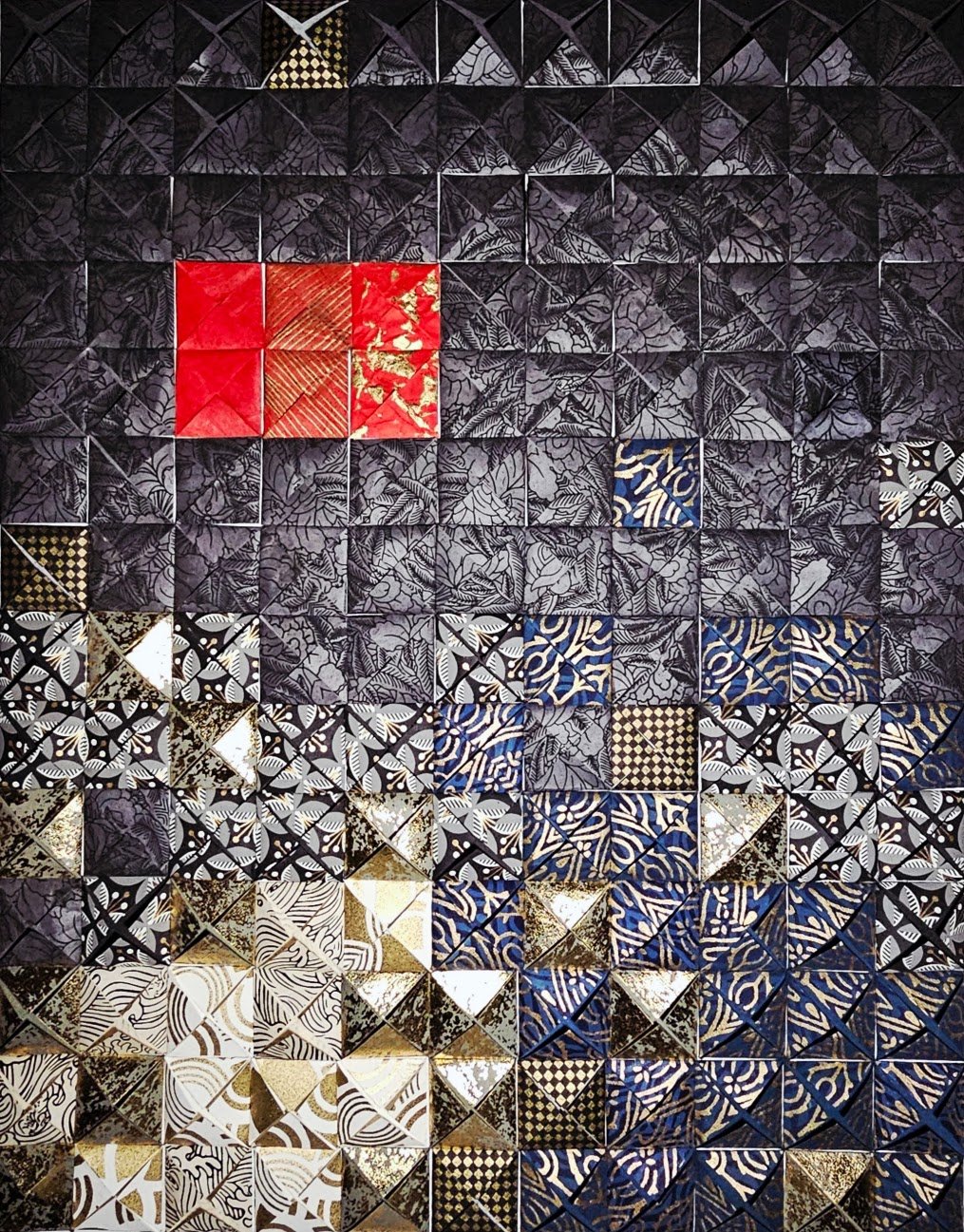 At the Heart of the Matter · 
Hand-folded artisan paper assemblage · 18 × 24 in · 2026 · Available