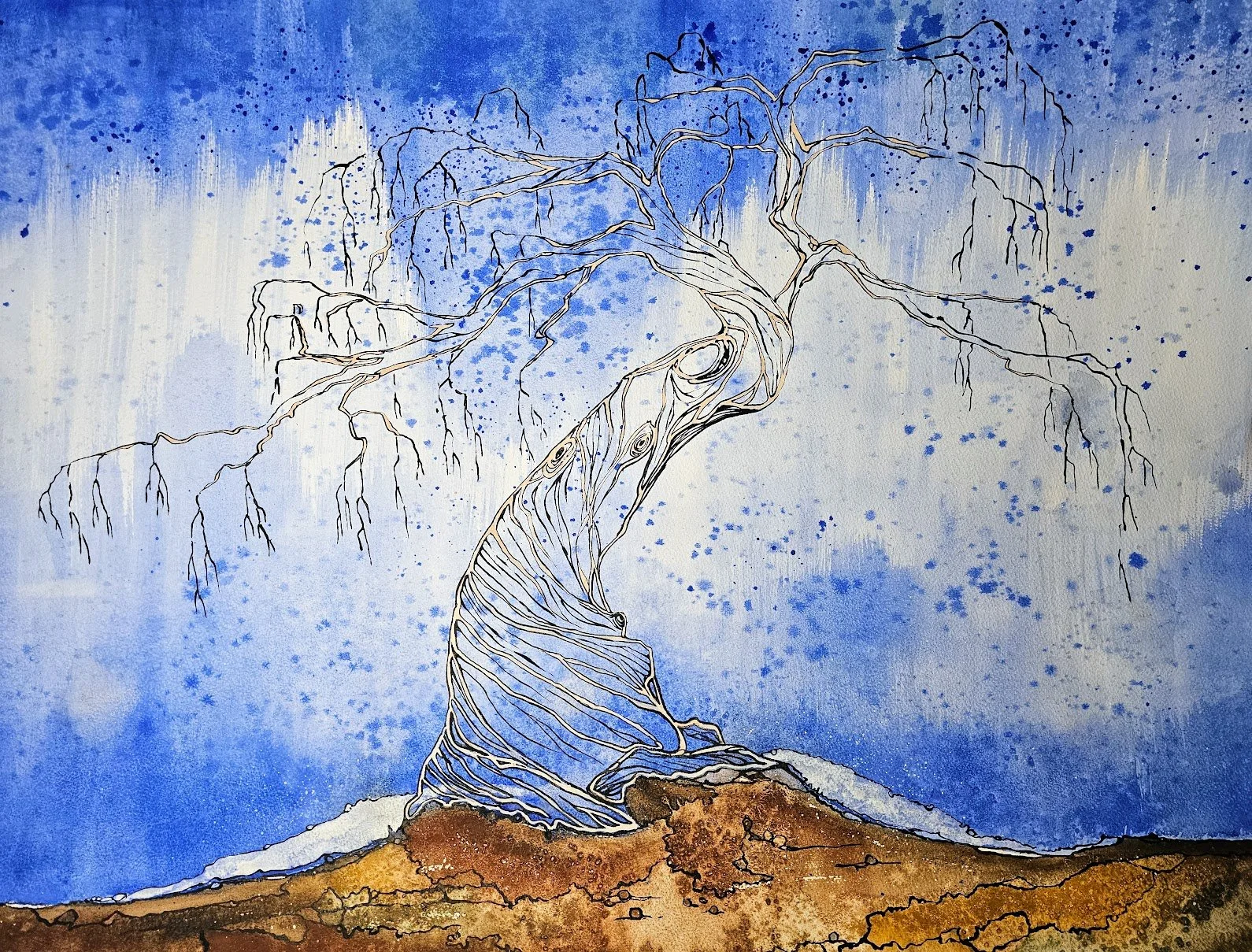 Snow on Cherry Tree · Watercolor and ink on paper · 24 × 36 in · 2025 · Available