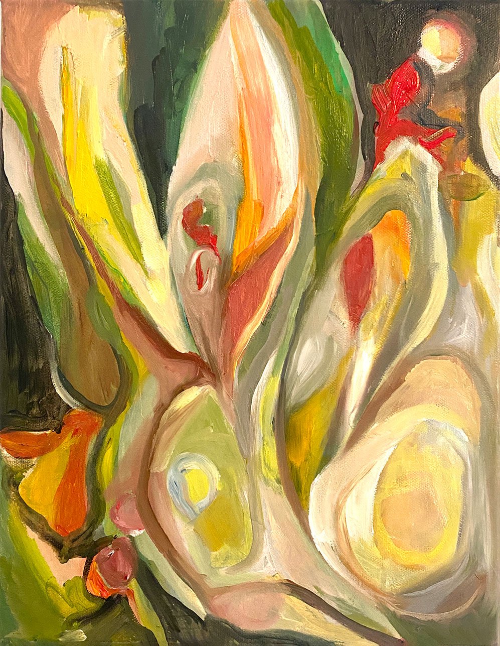"Lillies and Avocados at Night" Oil on canvas,  28 x 43 cm