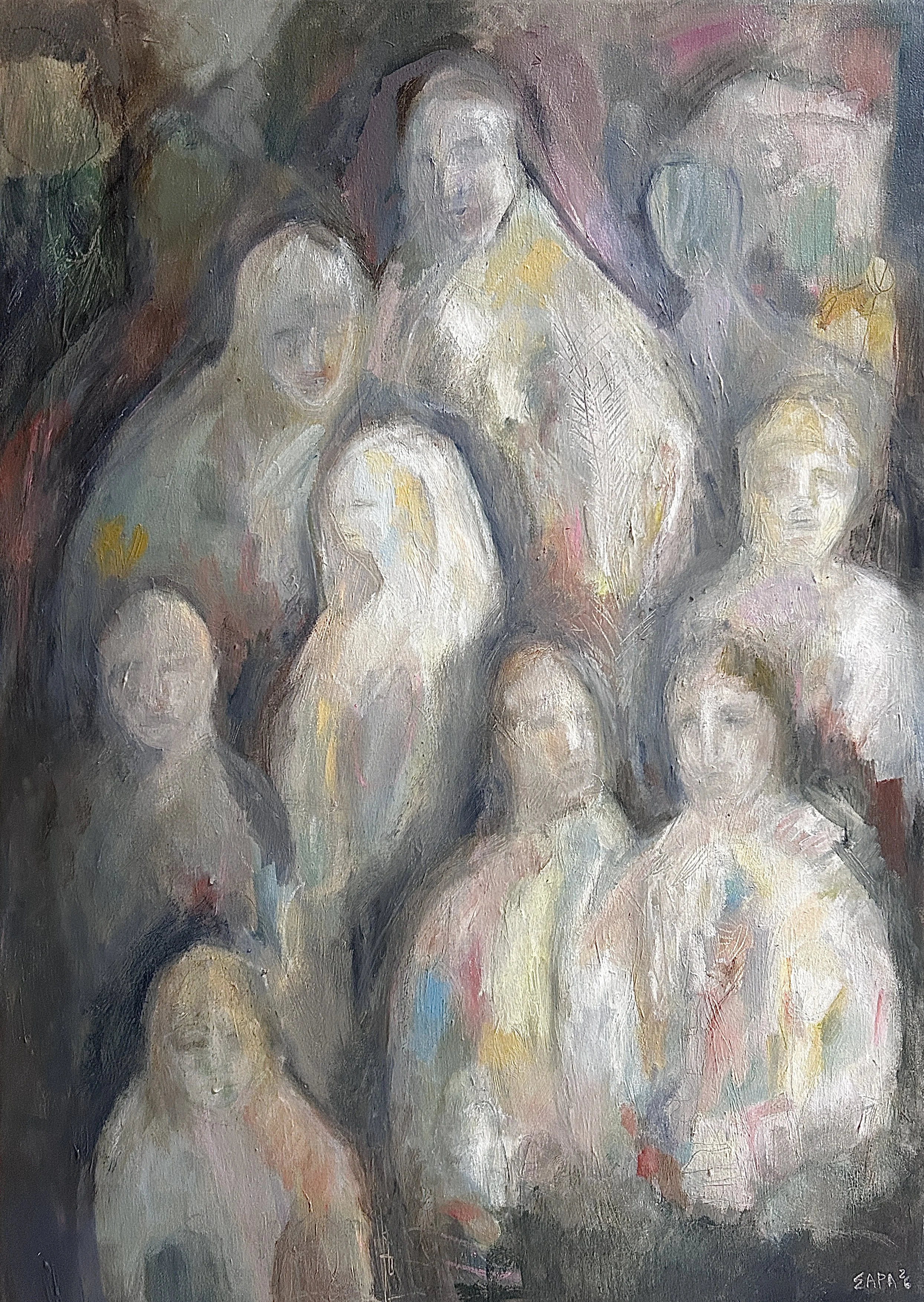 "The Team Shows Up" Oil and charcoal on canvas, 50 x 70 cm, 2026.