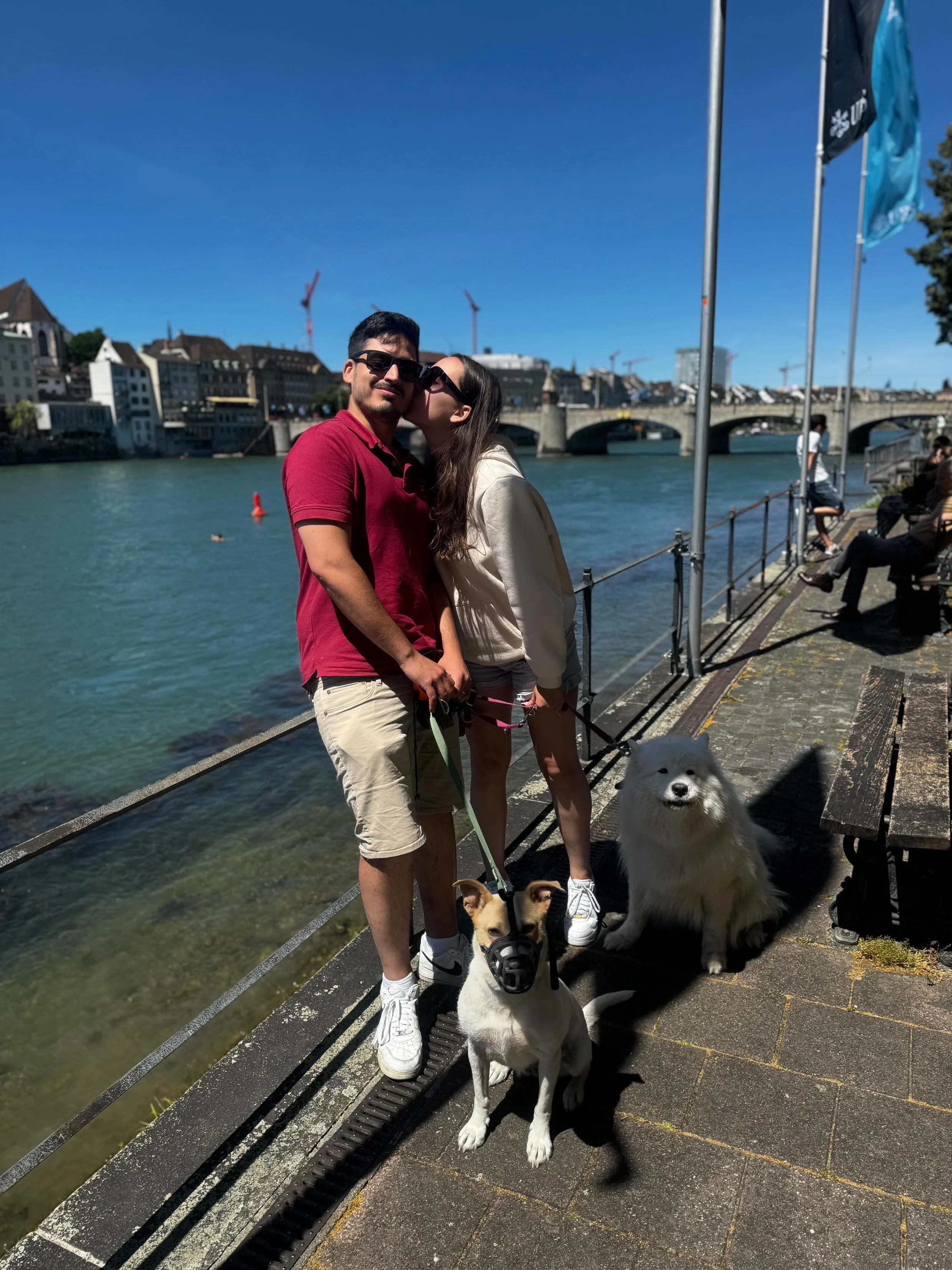 A couple with three dogs standing by a river with a cityscape and bridge in the background.