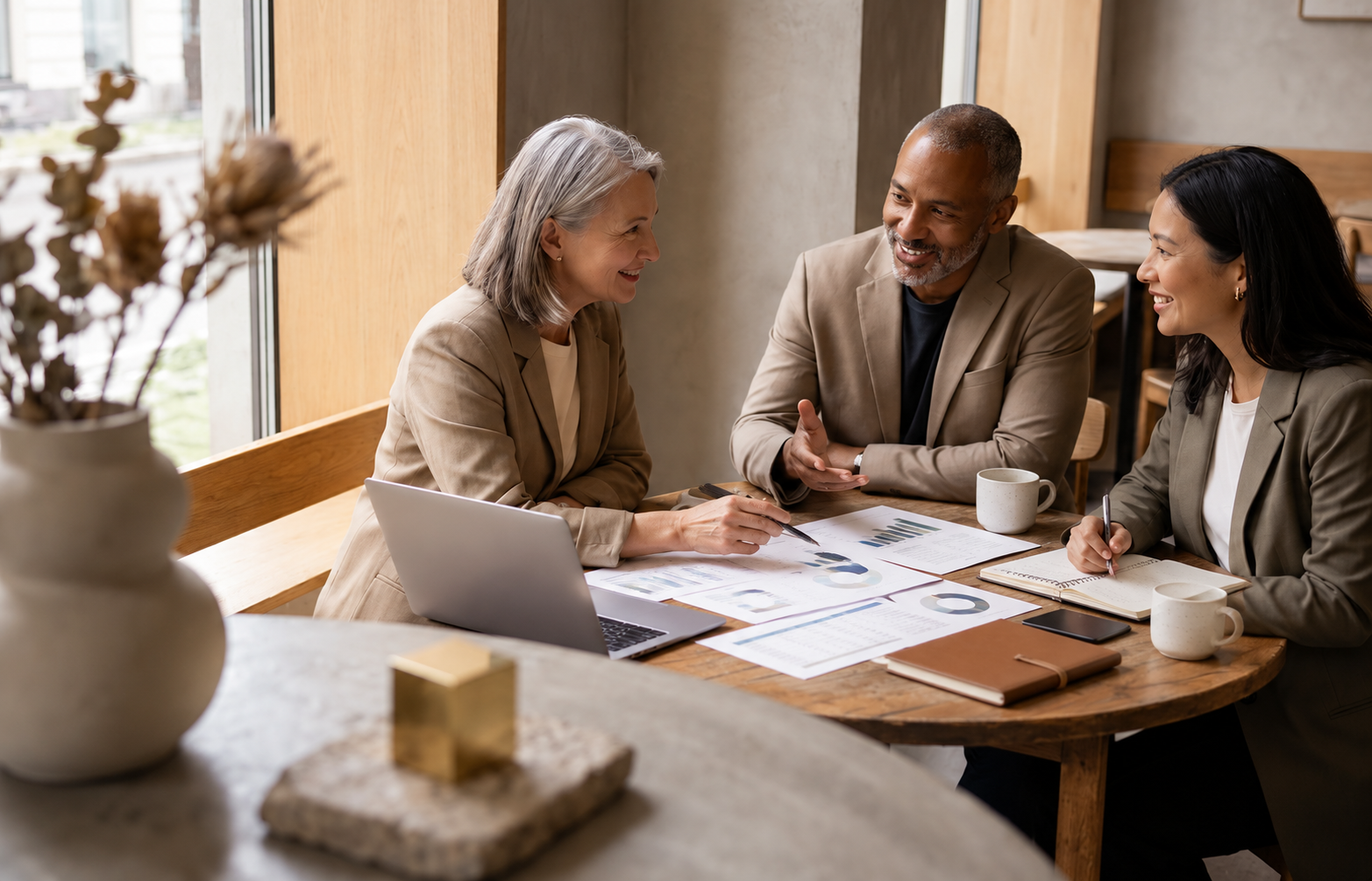 Three business professionals in beige suits having a meeting at a wooden table in a coffee shop, discussing printed documents with graphs, with laptops and coffee mugs on the table.