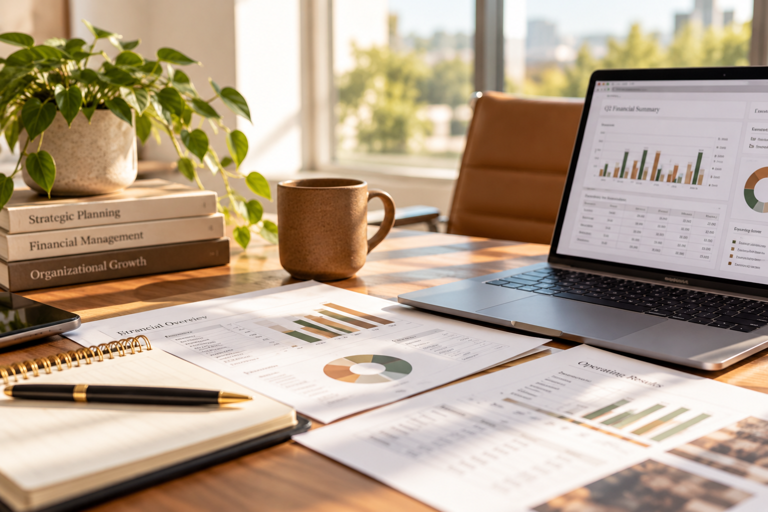 Office desk with financial reports, a laptop displaying charts, a notebook, pen, a coffee mug, and books on strategic planning, financial management, and organizational growth.