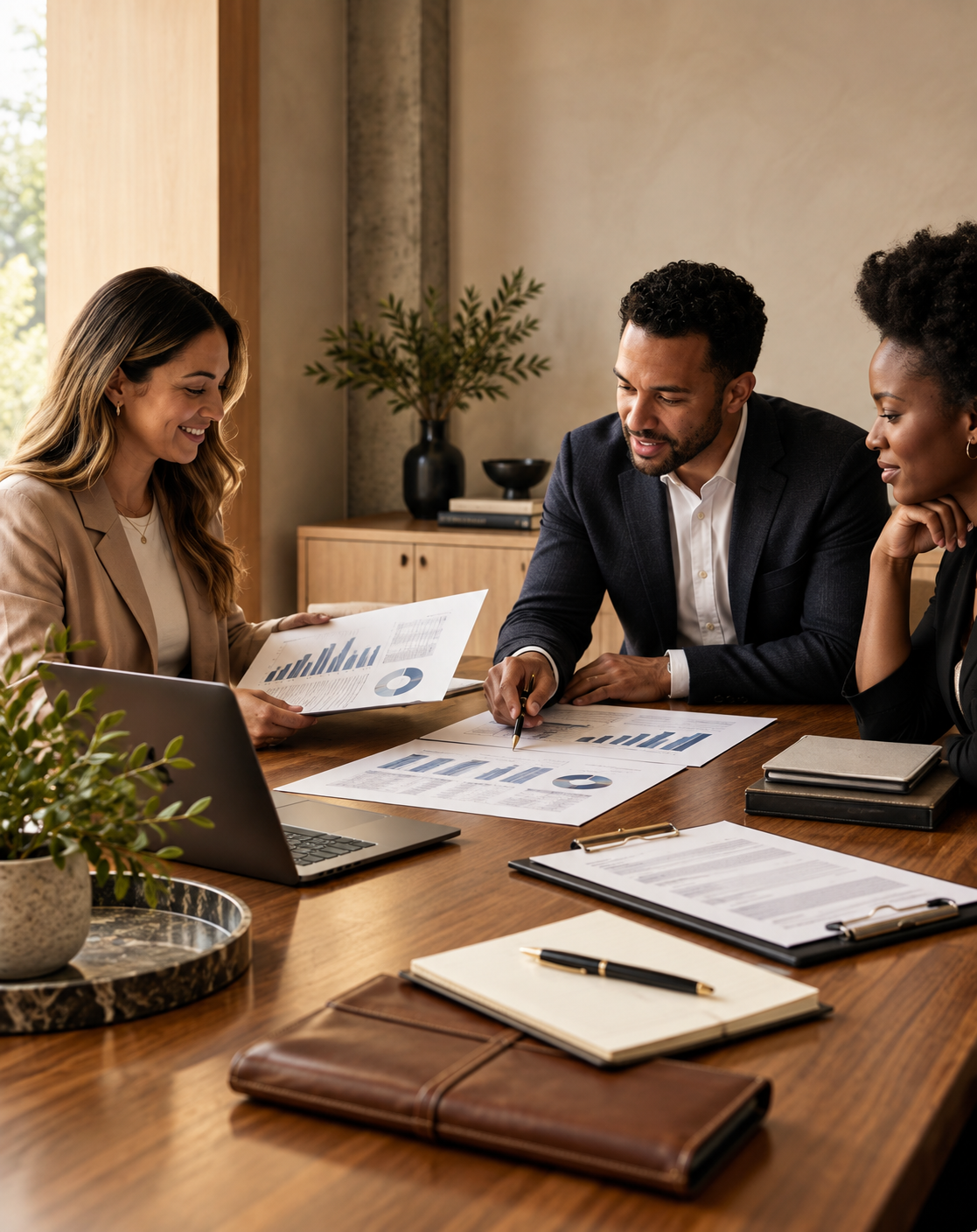 Three professionals in business attire discussing charts and graphs during a meeting in a modern office.
