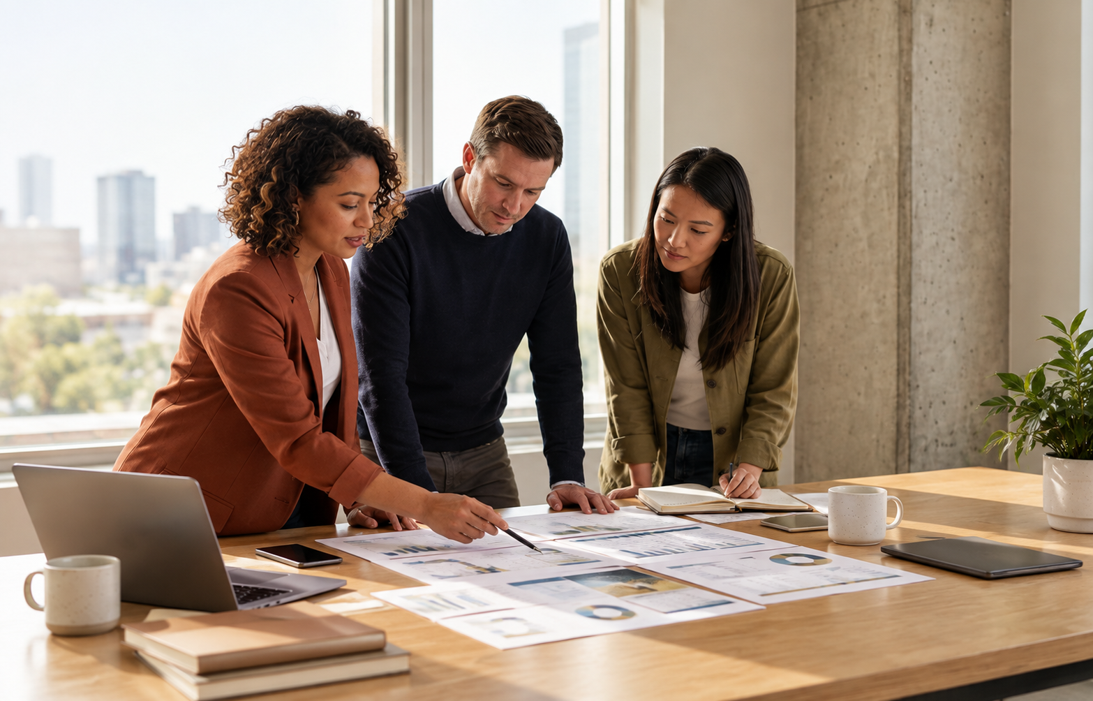 Three professionals, two women and one man, analyze documents and charts spread out on a conference table in a modern office with large window views of a cityscape.