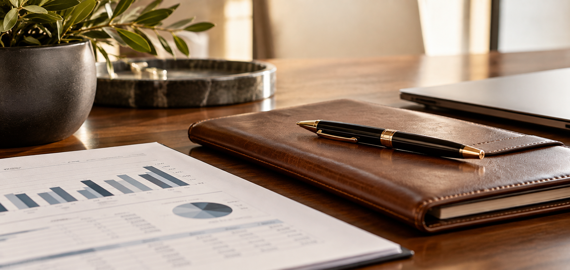 A wooden desk with a potted plant, a tray, a leather-bound notebook with a pen, a laptop, and printed charts showing graphs and pie charts.
