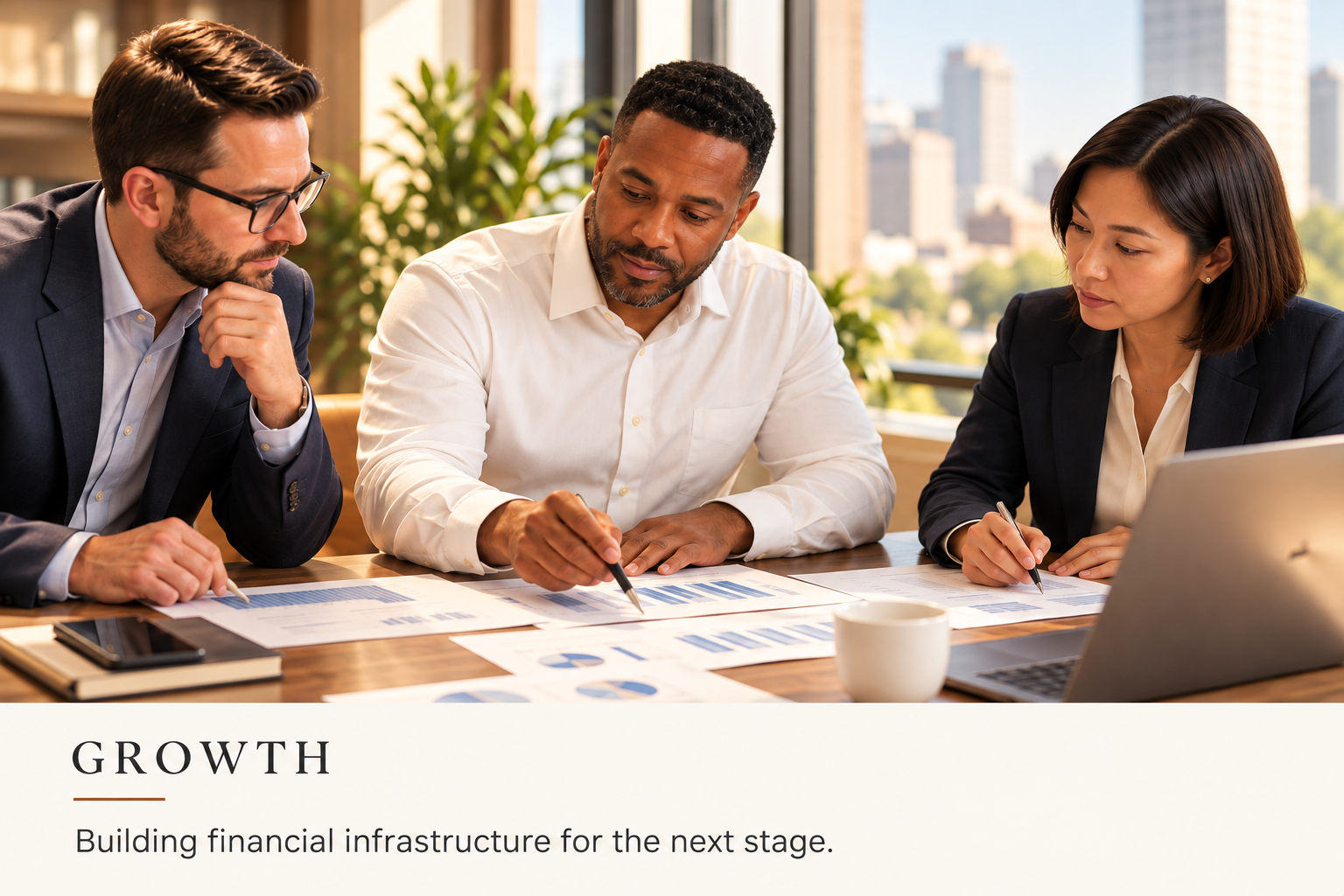 Three business professionals in a meeting, analyzing documents and discussing growth strategies, with city buildings visible through large windows in the background.