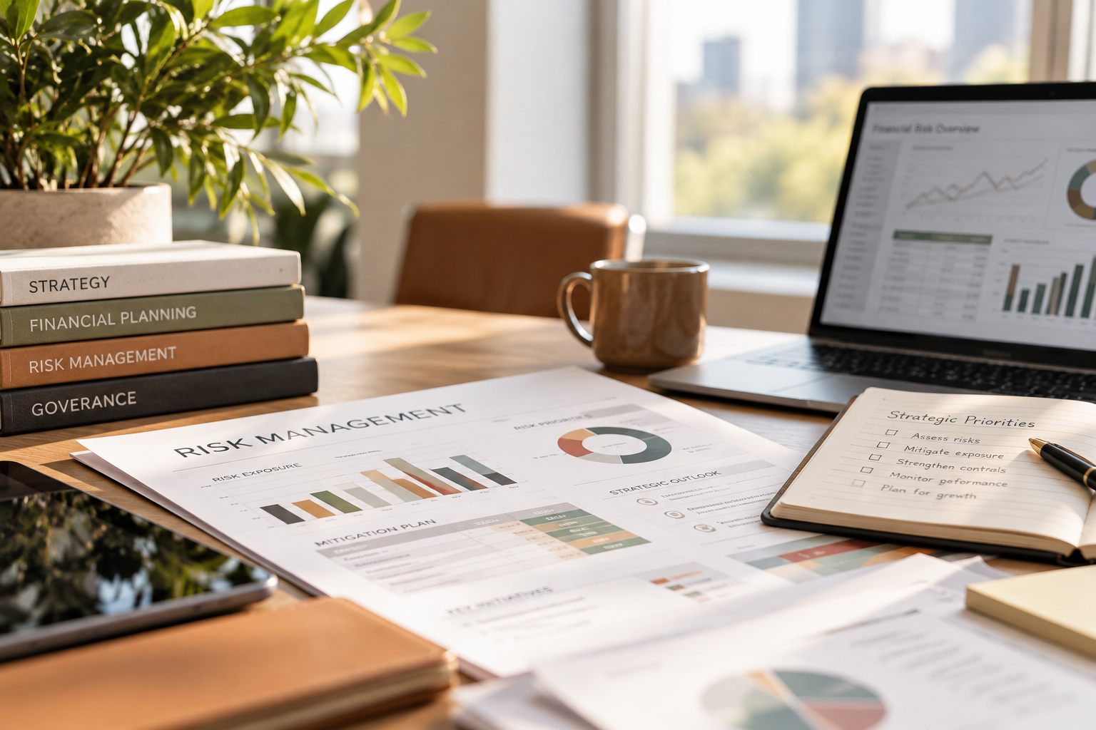 An office desk with printed financial reports, a pen, a closed notebook, a laptop displaying financial charts, a coffee mug, a stack of books on strategy, financial planning, risk management, and governance, a potted plant, and a notepad with strategic priorities.